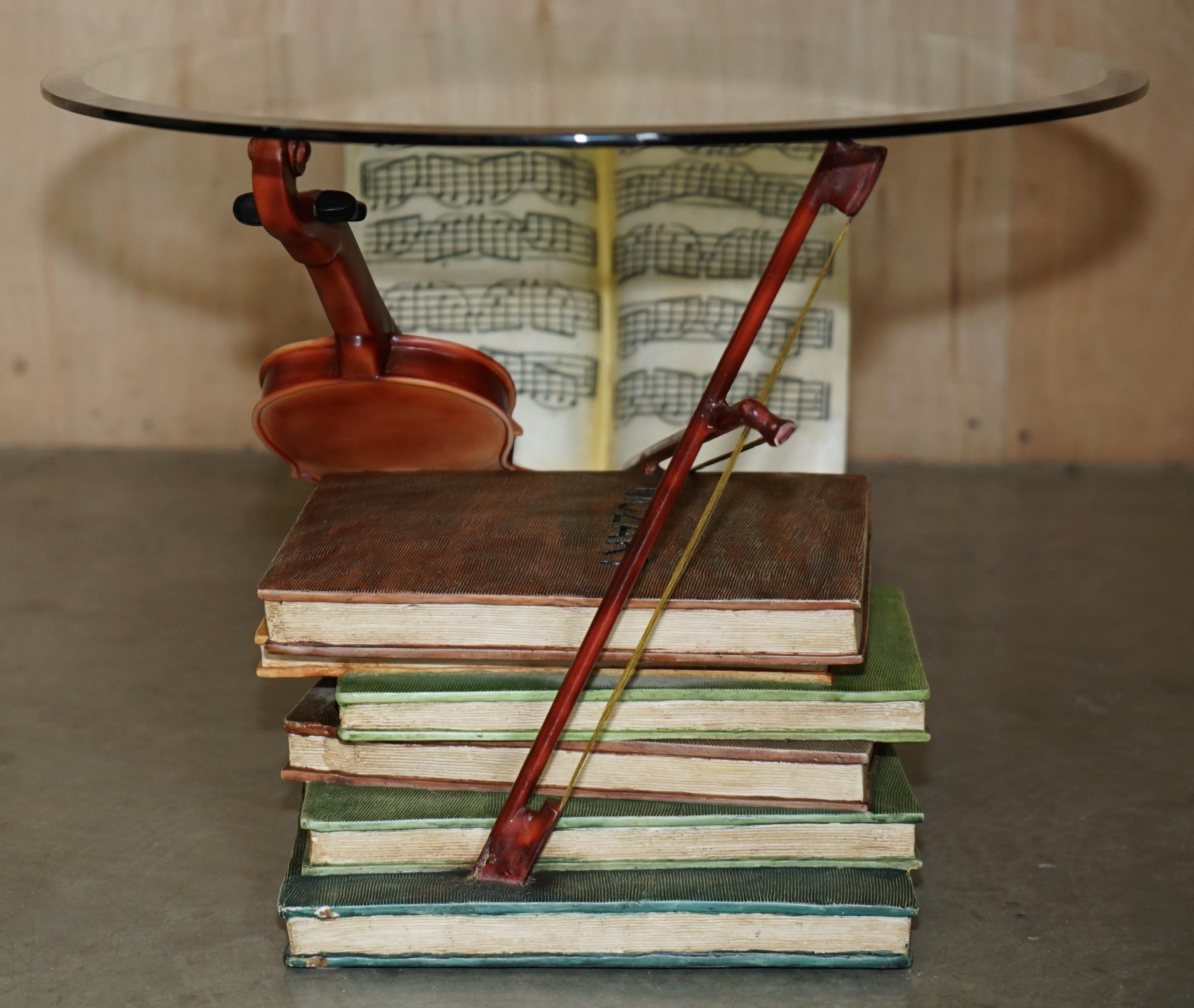 SUPER DECORATIVE MOZART STACKED BOOKS & VIOLIN COFFEE TABLE WiTH GLASS OVAL TOP For Sale 4