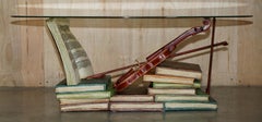 SUPER DECORATIVE MOZART STACKED BOOKS & VIOLIN COFFEE TABLE WiTH GLASS OVAL TOP