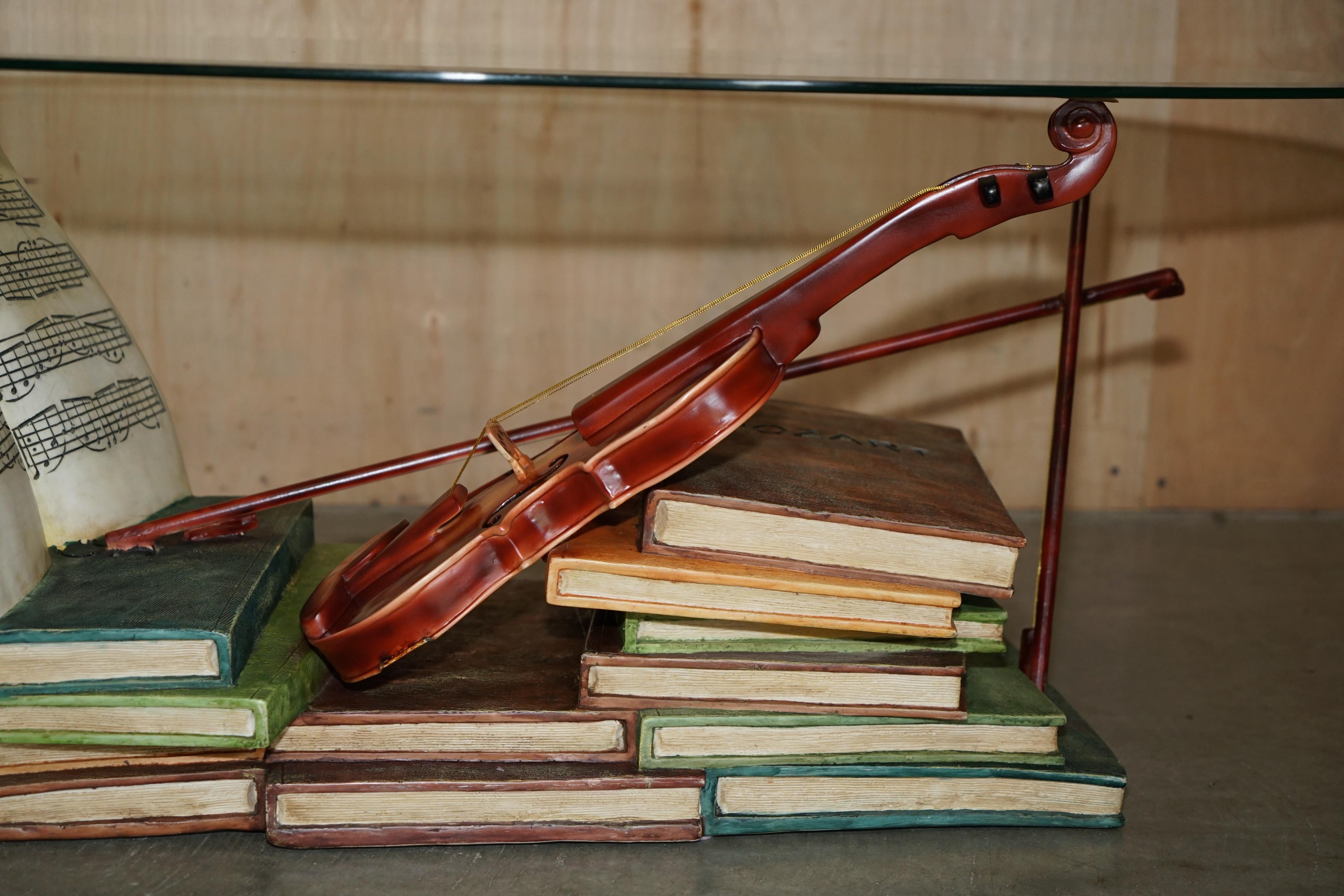 Glass SUPER DECORATIVE MOZART STACKED BOOKS & VIOLIN COFFEE TABLE WiTH GLASS OVAL TOP For Sale