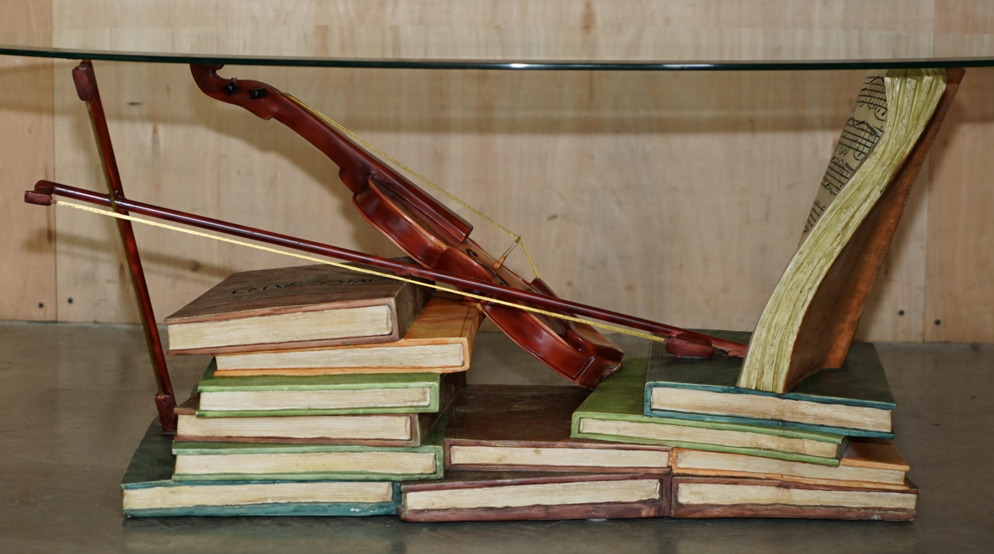 SUPER DECORATIVE MOZART STACKED BOOKS & VIOLIN COFFEE TABLE WiTH GLASS OVAL TOP For Sale 2