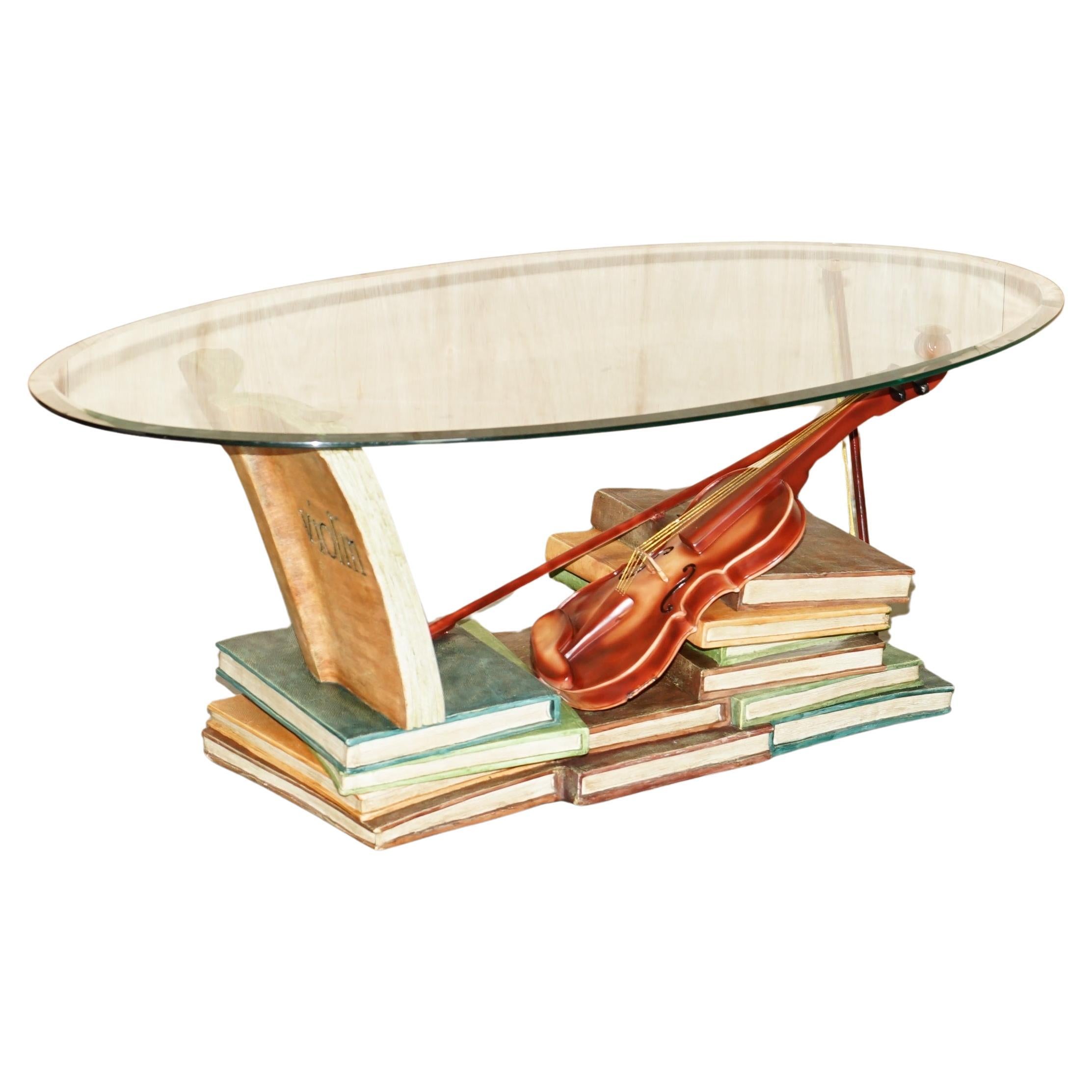 SUPER DECORATIVE MOZART STACKED BOOKS & VIOLIN COFFEE TABLE WiTH GLASS OVAL TOP For Sale