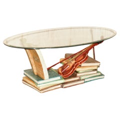 Vintage SUPER DECORATIVE MOZART STACKED BOOKS & VIOLIN COFFEE TABLE WiTH GLASS OVAL TOP