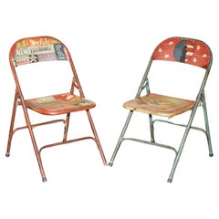 SUPER DECORATIVE PAIR OF VINTAGE INDUSTRIAL PATROLIANA AMERICAN FOLDING CHAIRs