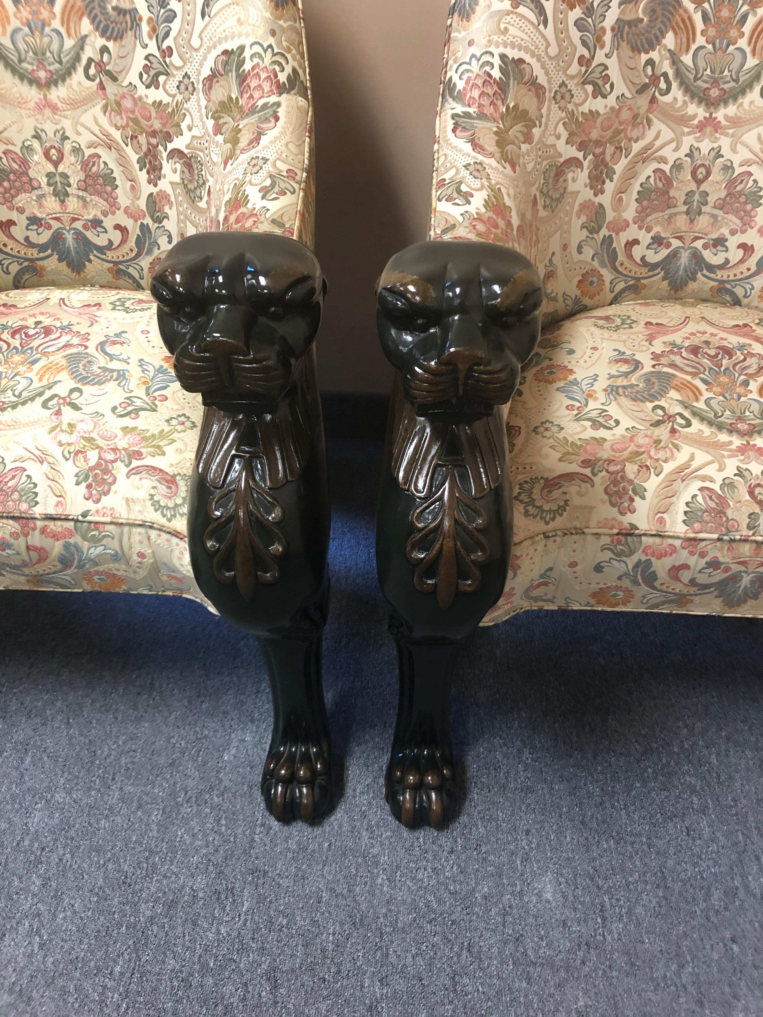 Super Dramatic Pair of Carved Wood and Upholstered Panther Club Chairs In Excellent Condition In Hopewell, NJ
