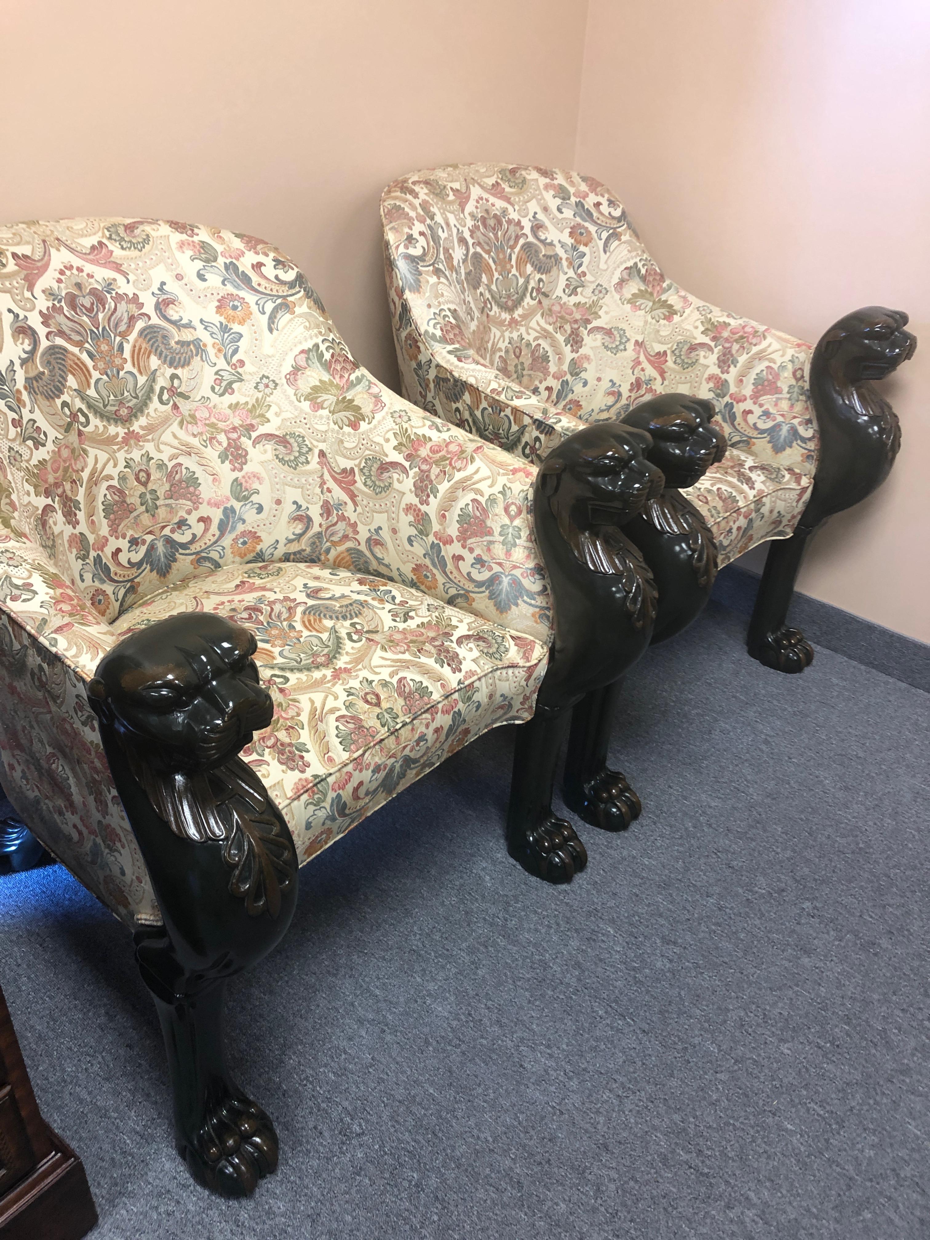 Upholstery Super Dramatic Pair of Carved Wood and Upholstered Panther Club Chairs