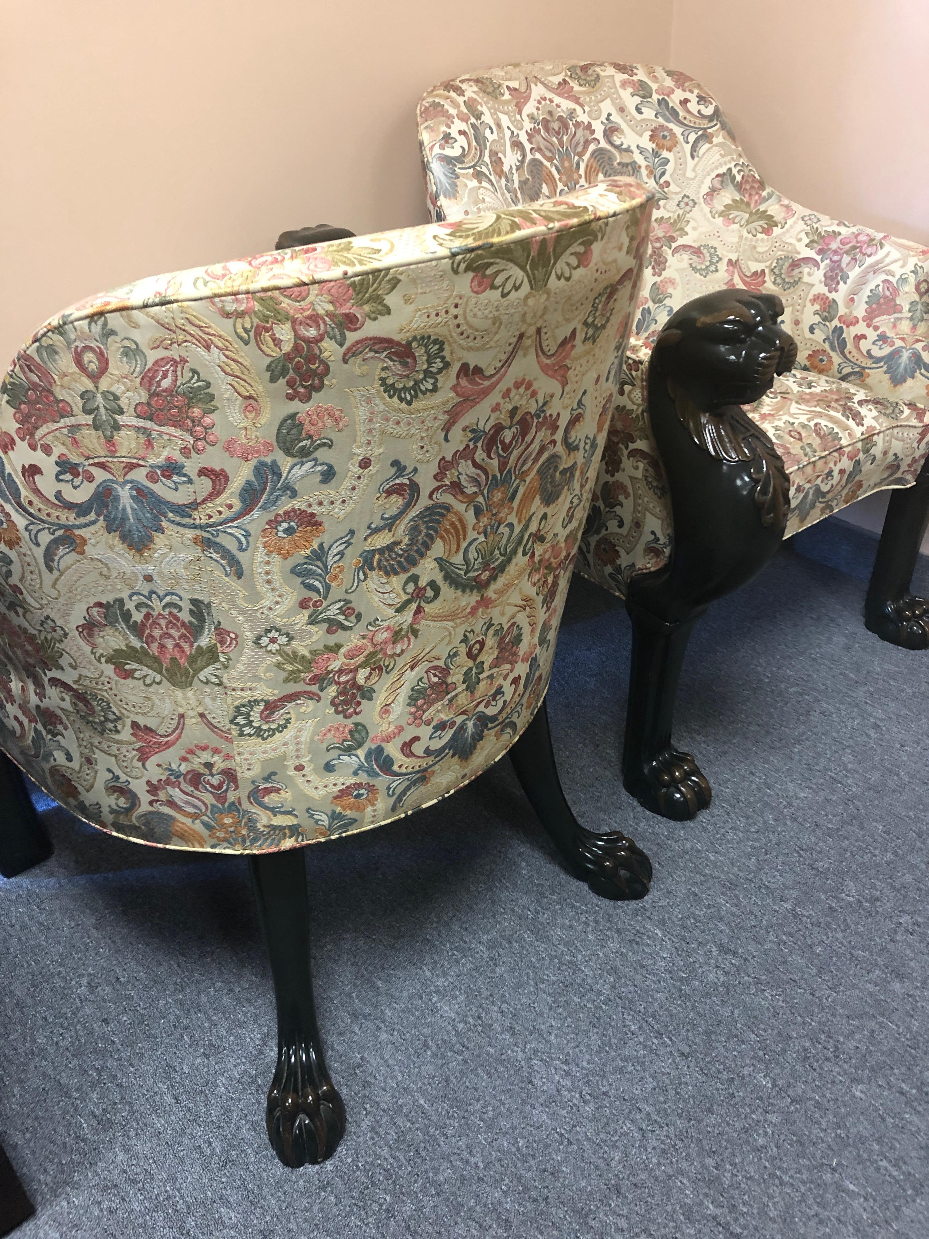 Super Dramatic Pair of Carved Wood and Upholstered Panther Club Chairs 2