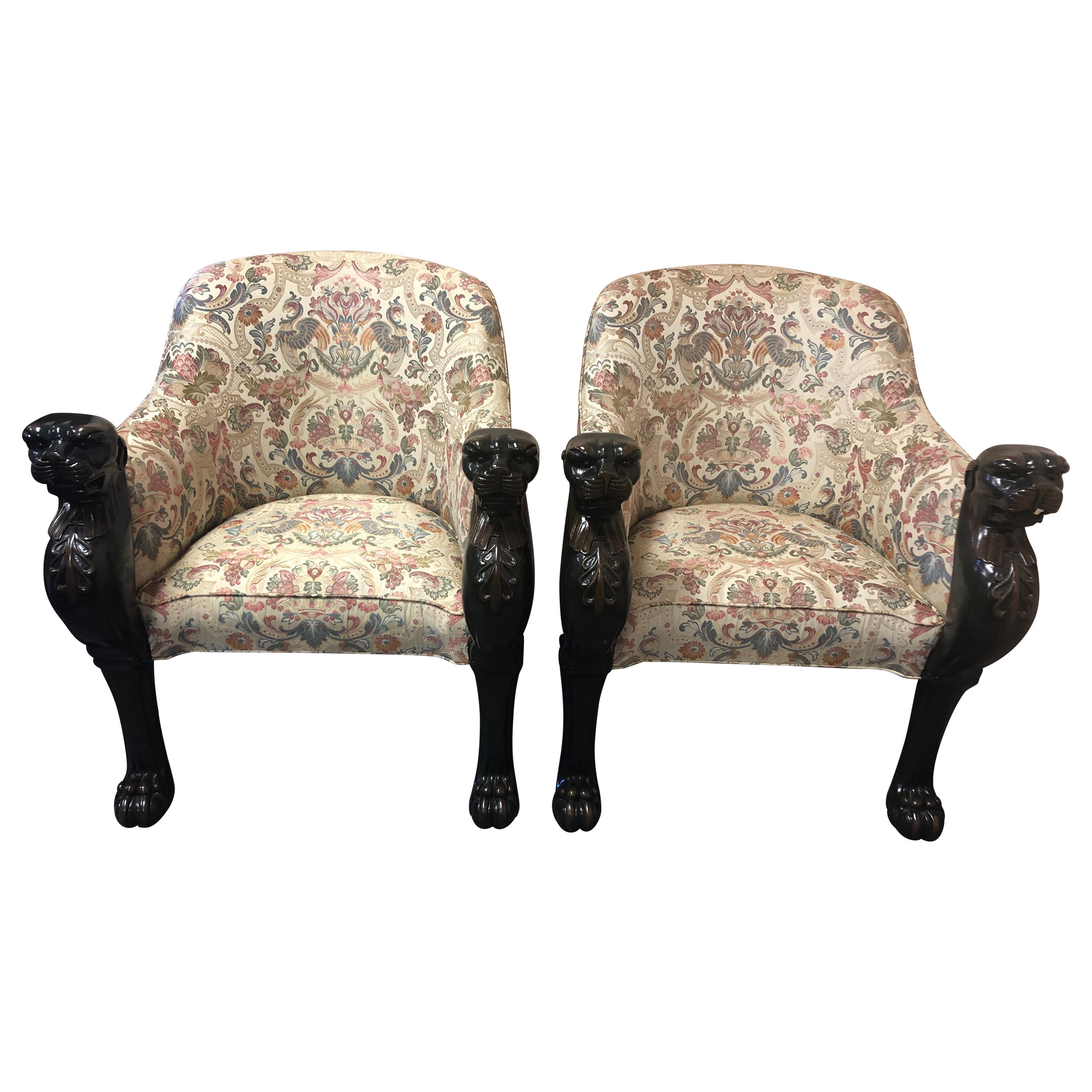 Super Dramatic Pair of Carved Wood and Upholstered Panther Club Chairs