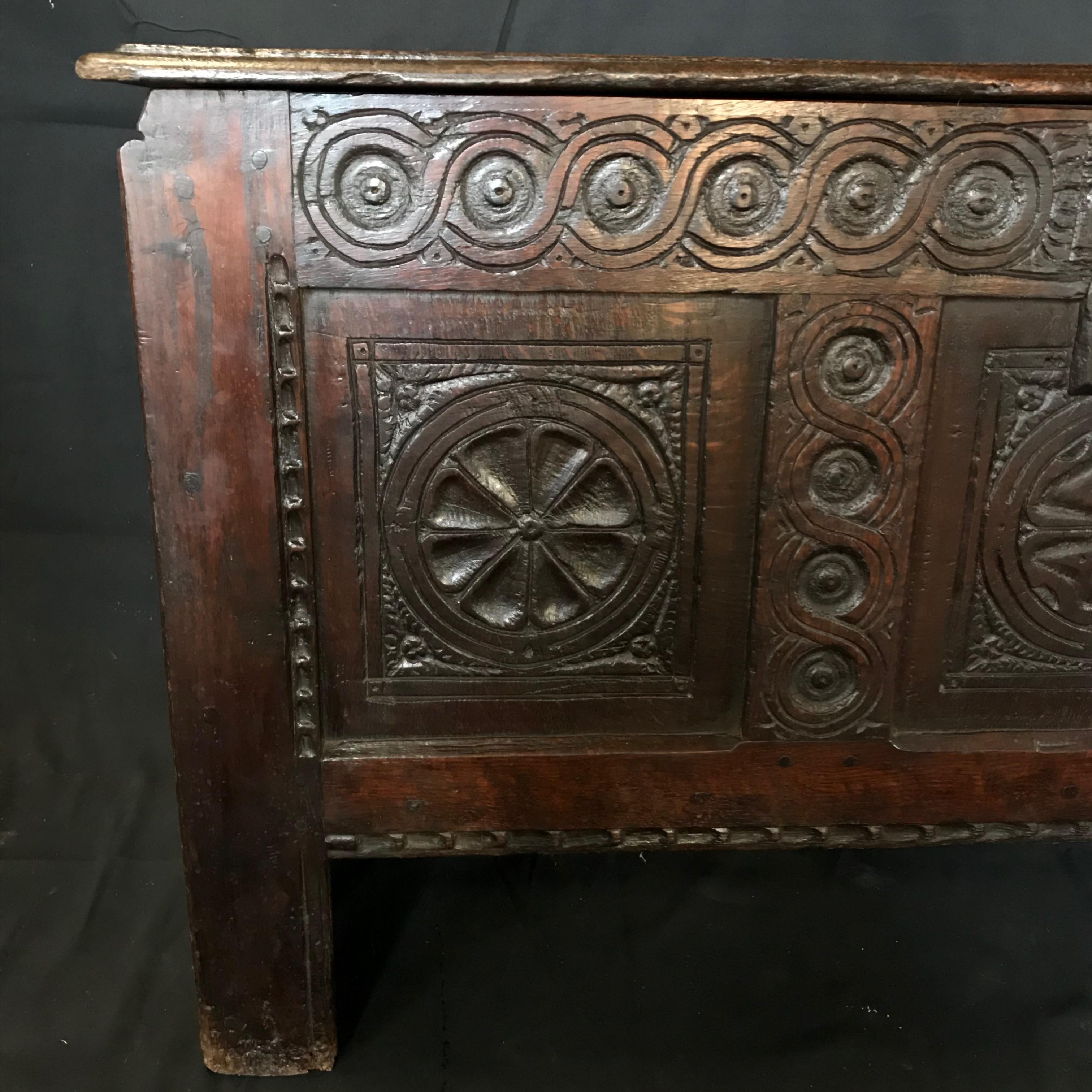 Super Early Antique 18th Century French Carved Coffer Chest For Sale 6