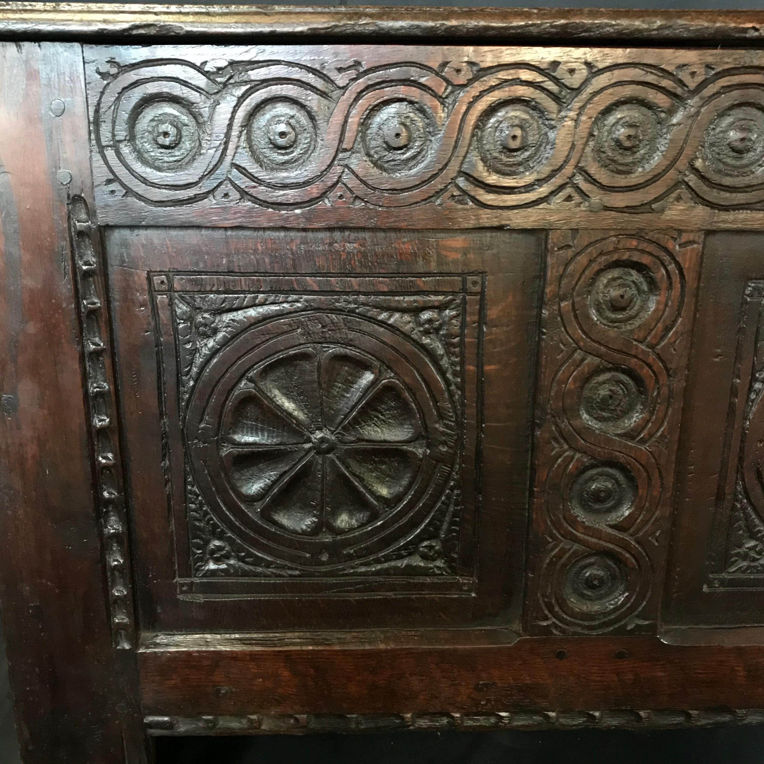 Super Early Antique 18th Century French Carved Coffer Chest For Sale 9