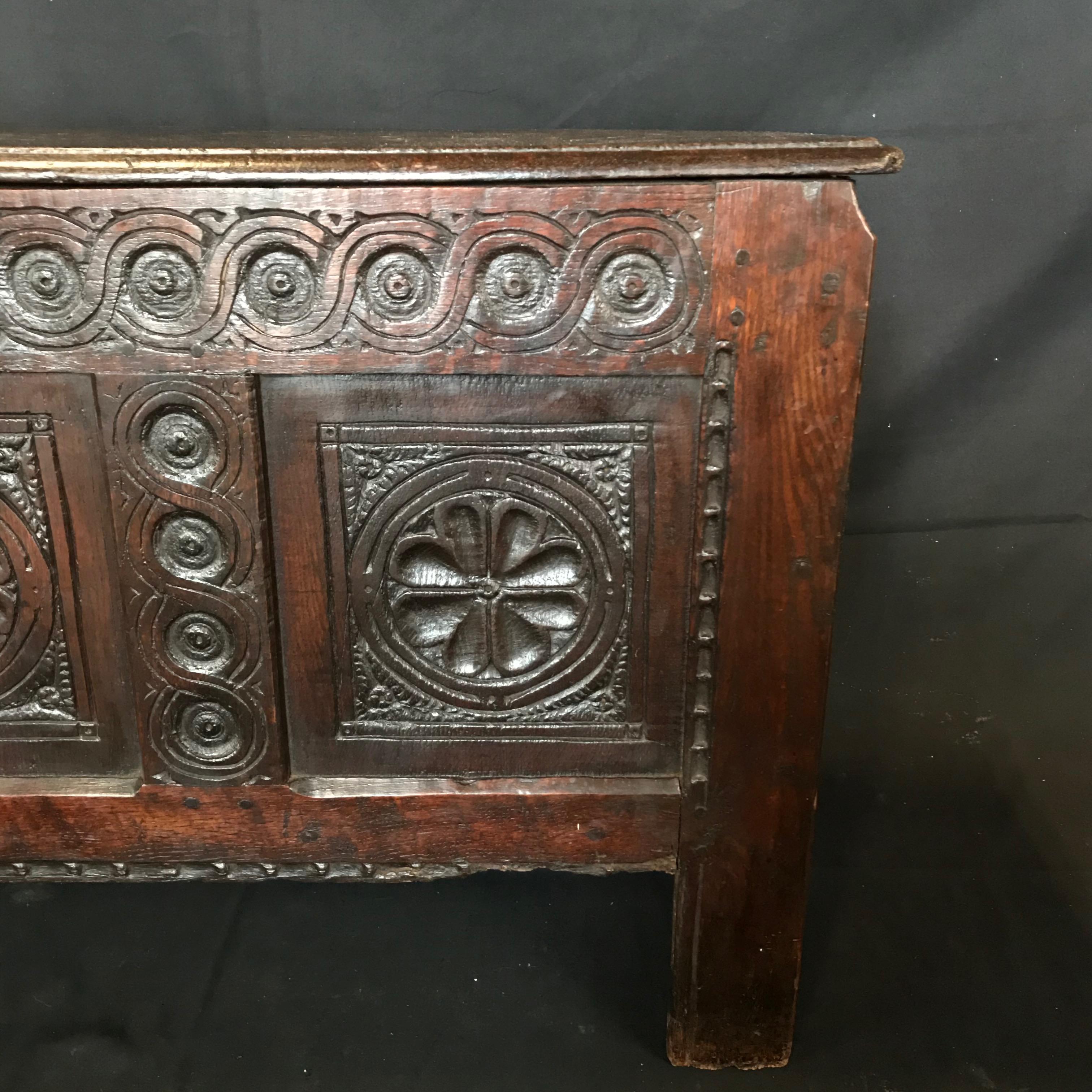 18th Century and Earlier Super Early Antique 18th Century French Carved Coffer Chest For Sale