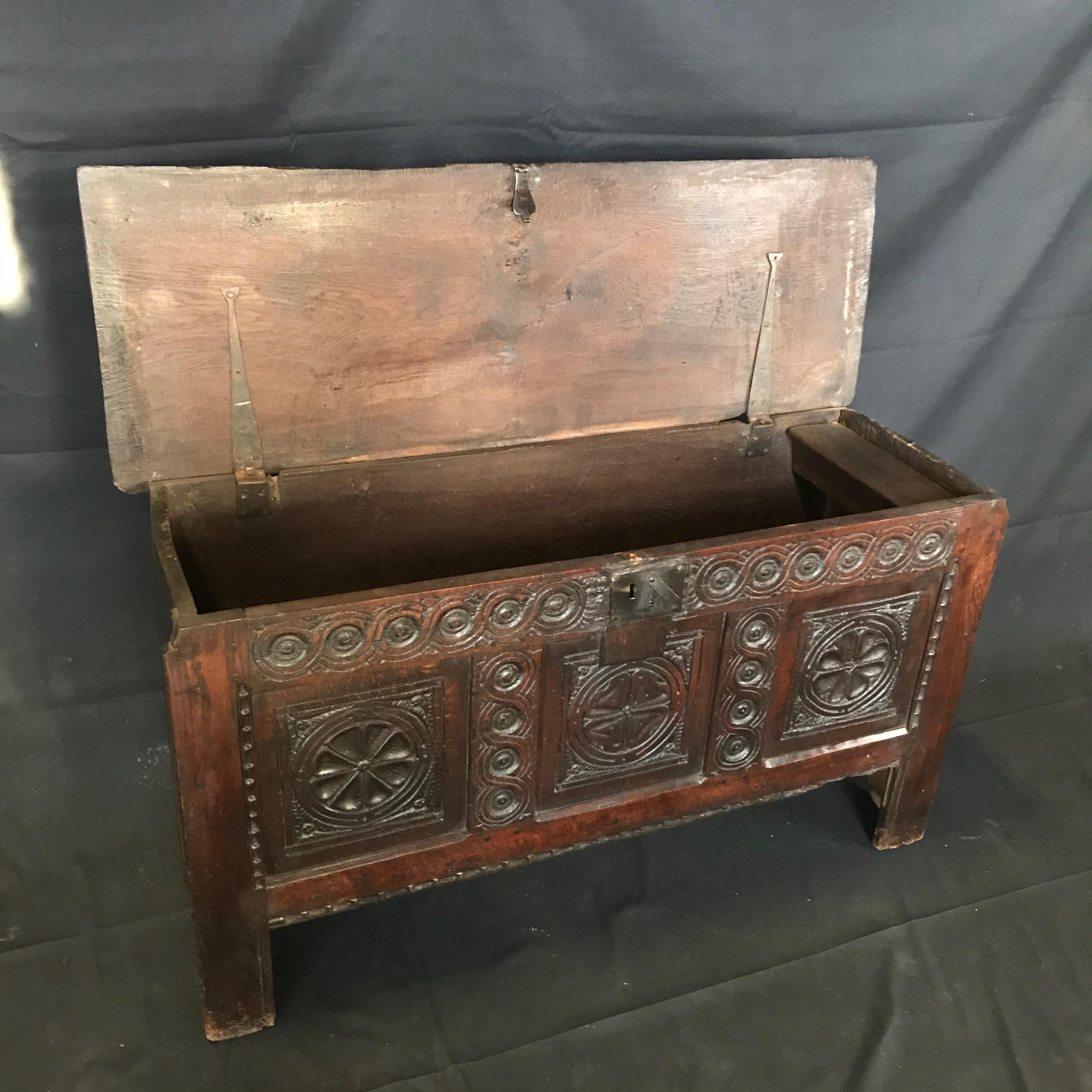 Oak Super Early Antique 18th Century French Carved Coffer Chest For Sale