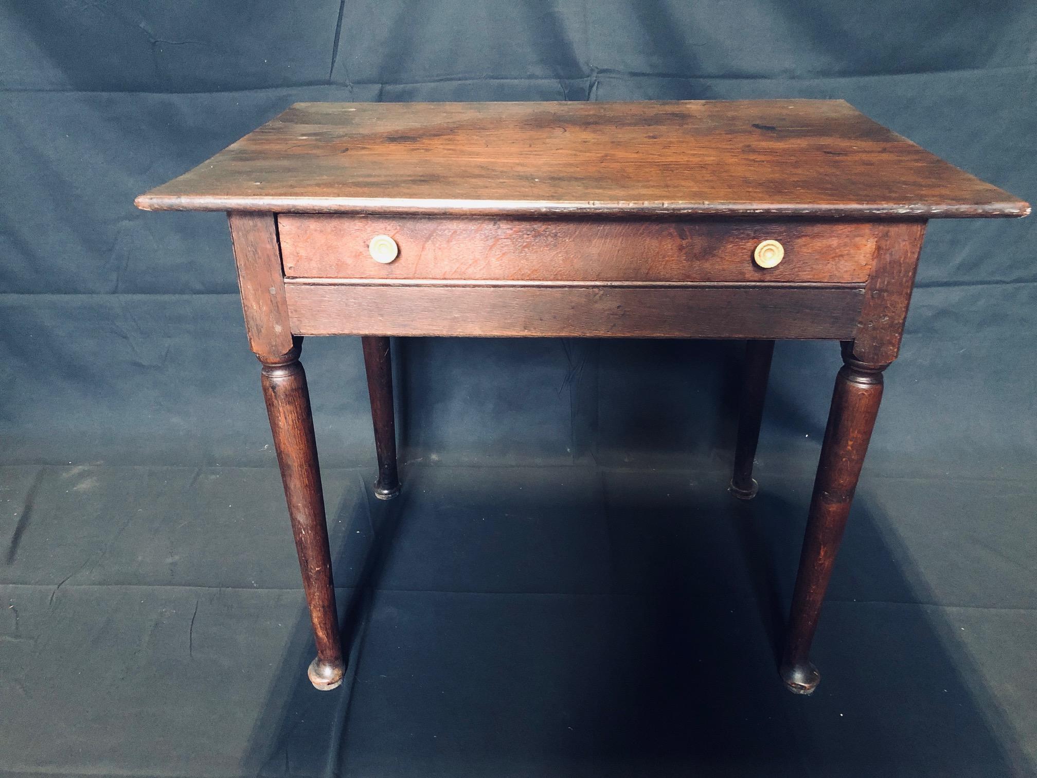 Wonderful antique oak side table with bronze knobs - can serve as nightstand or side table. Gorgeous bronze knobs not original to piece. 

#5141.
