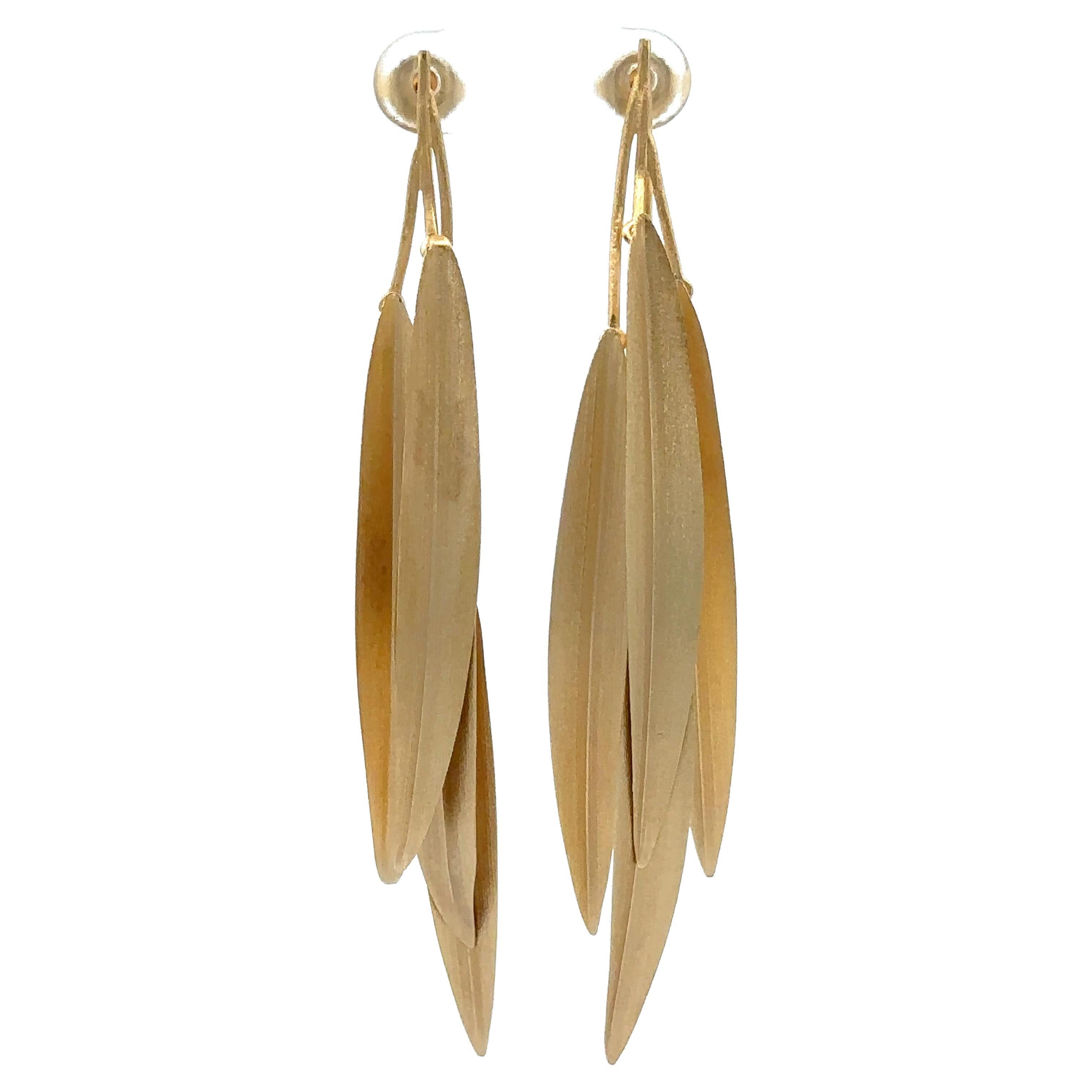 Super Elegant Solid 18k Yellow Gold Textured Long Leaf Dangle Drop Earrings