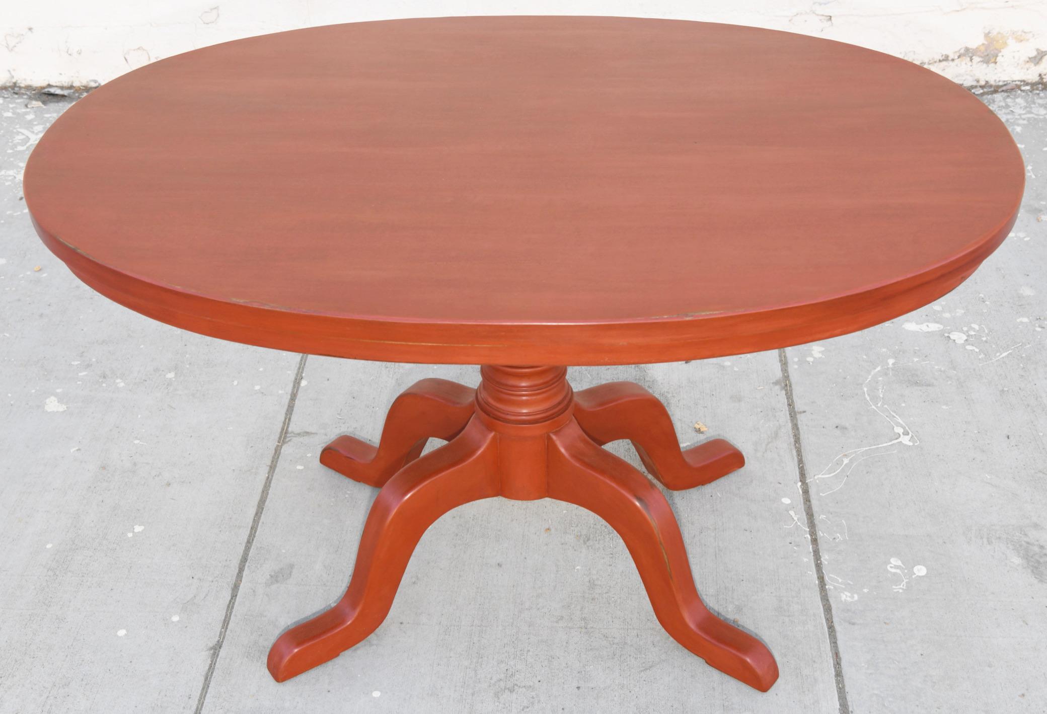 Hand-Crafted Custom Orange Painted Pedestal Table, Made to Order by Petersen Antiques For Sale