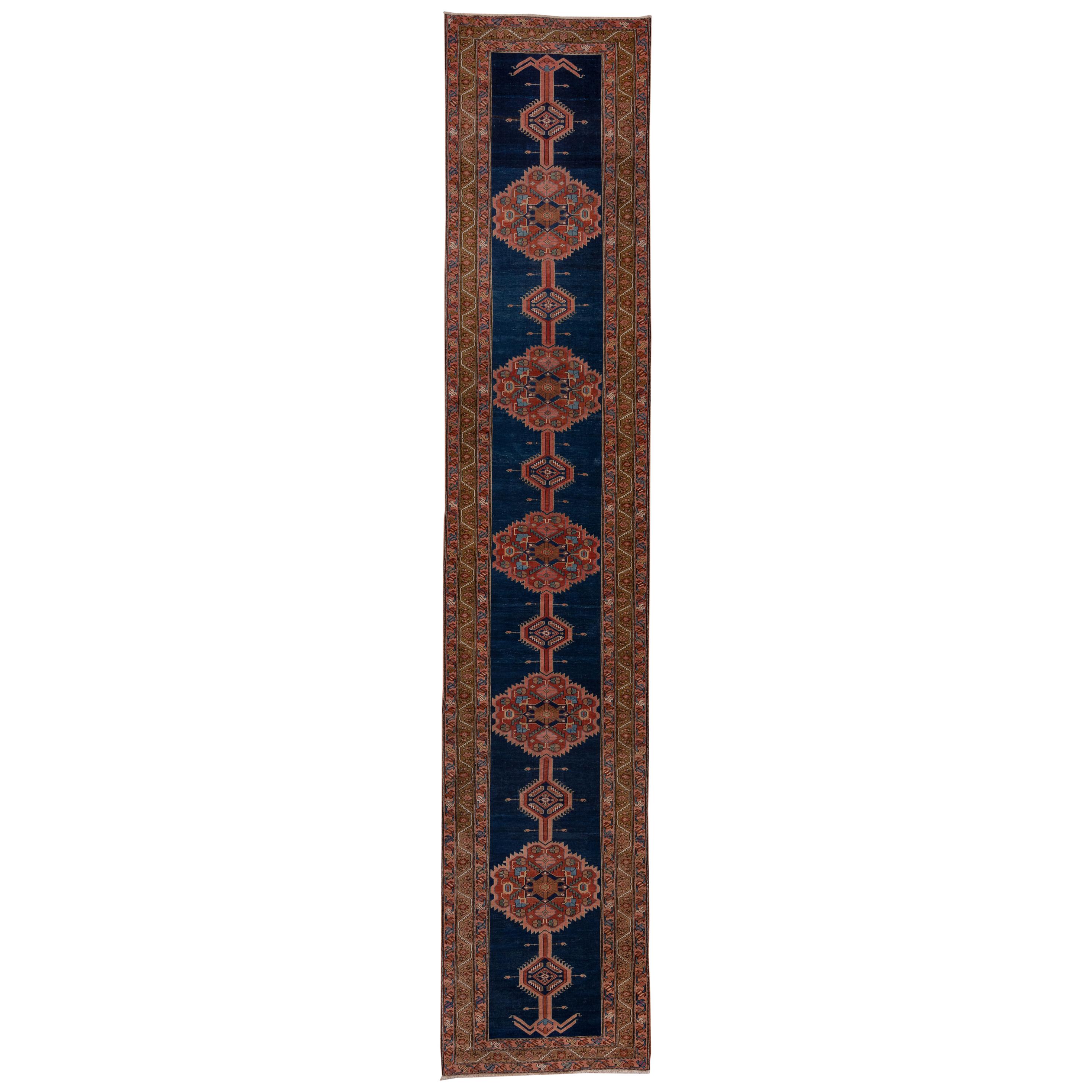 Super Fine Antique Serapi Long Runner, Royal Blue Field, Pink and Gold Border For Sale
