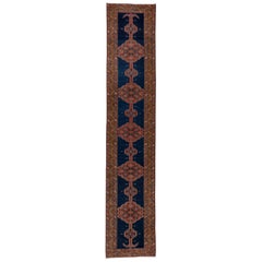 Super Fine Antique Serapi Long Runner, Royal Blue Field, Pink and Gold Border