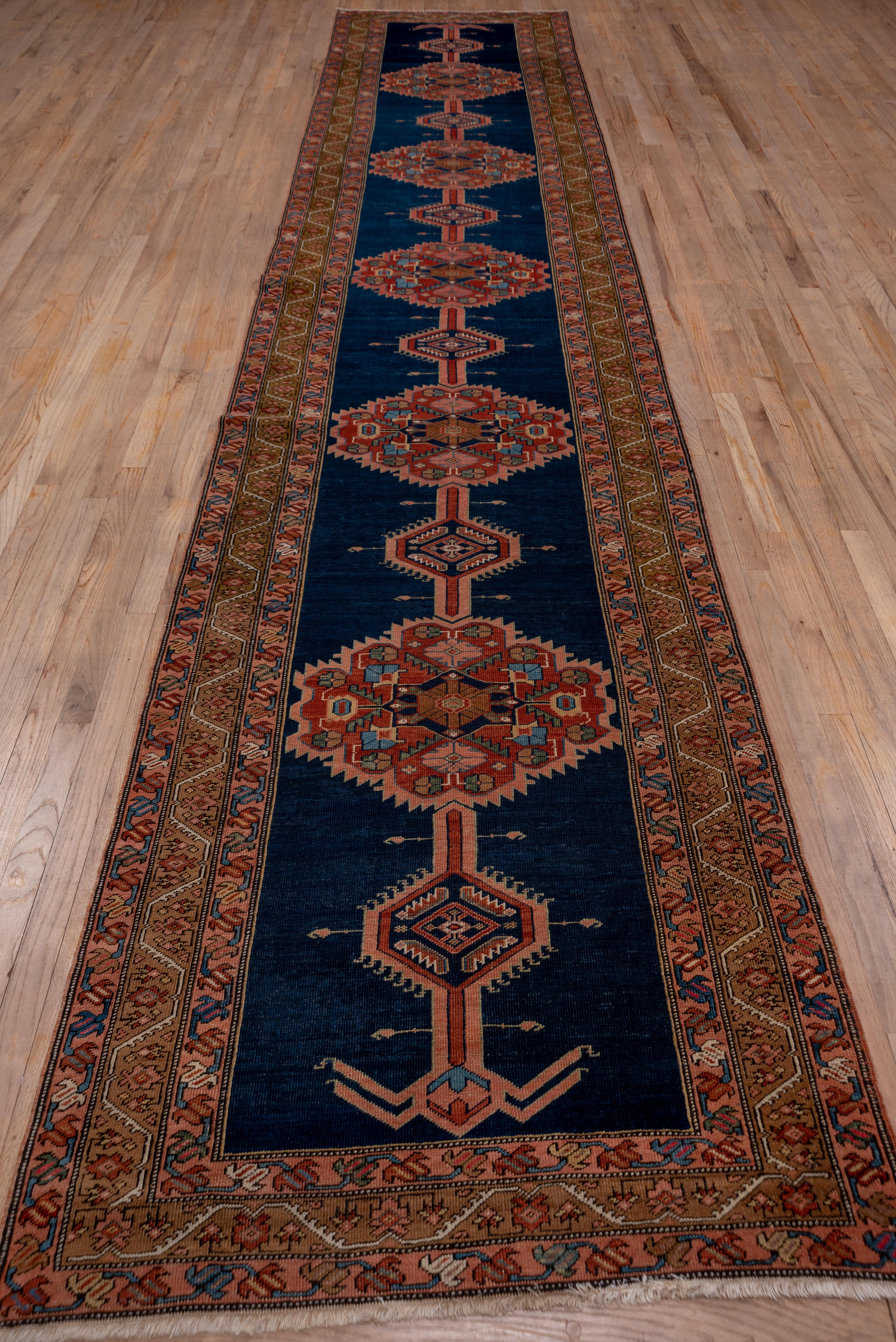Persian Super Fine Antique Serapi Long Runner, Royal Blue Field, Pink and Gold Border For Sale