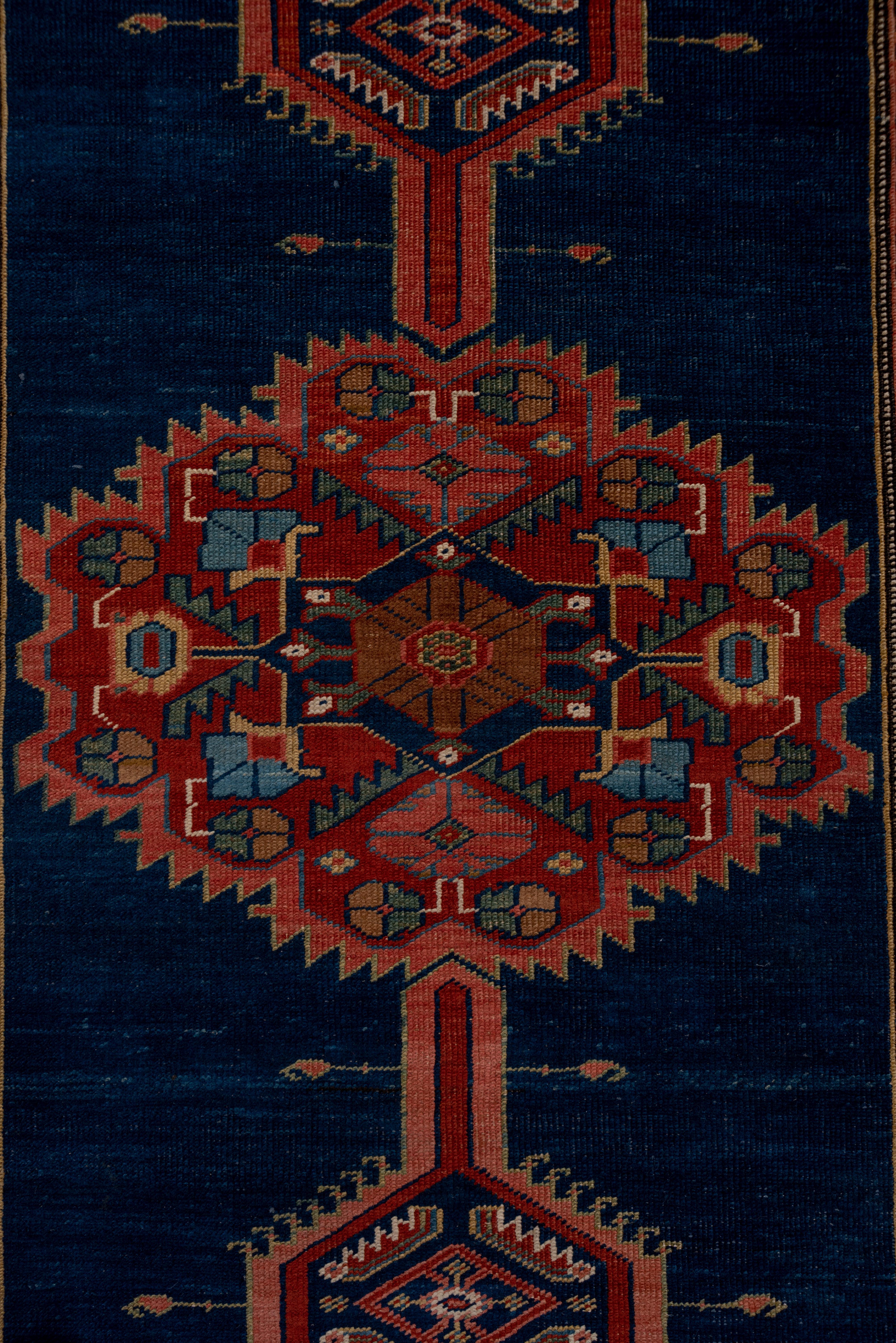 Hand-Knotted Super Fine Antique Serapi Long Runner, Royal Blue Field, Pink and Gold Border For Sale