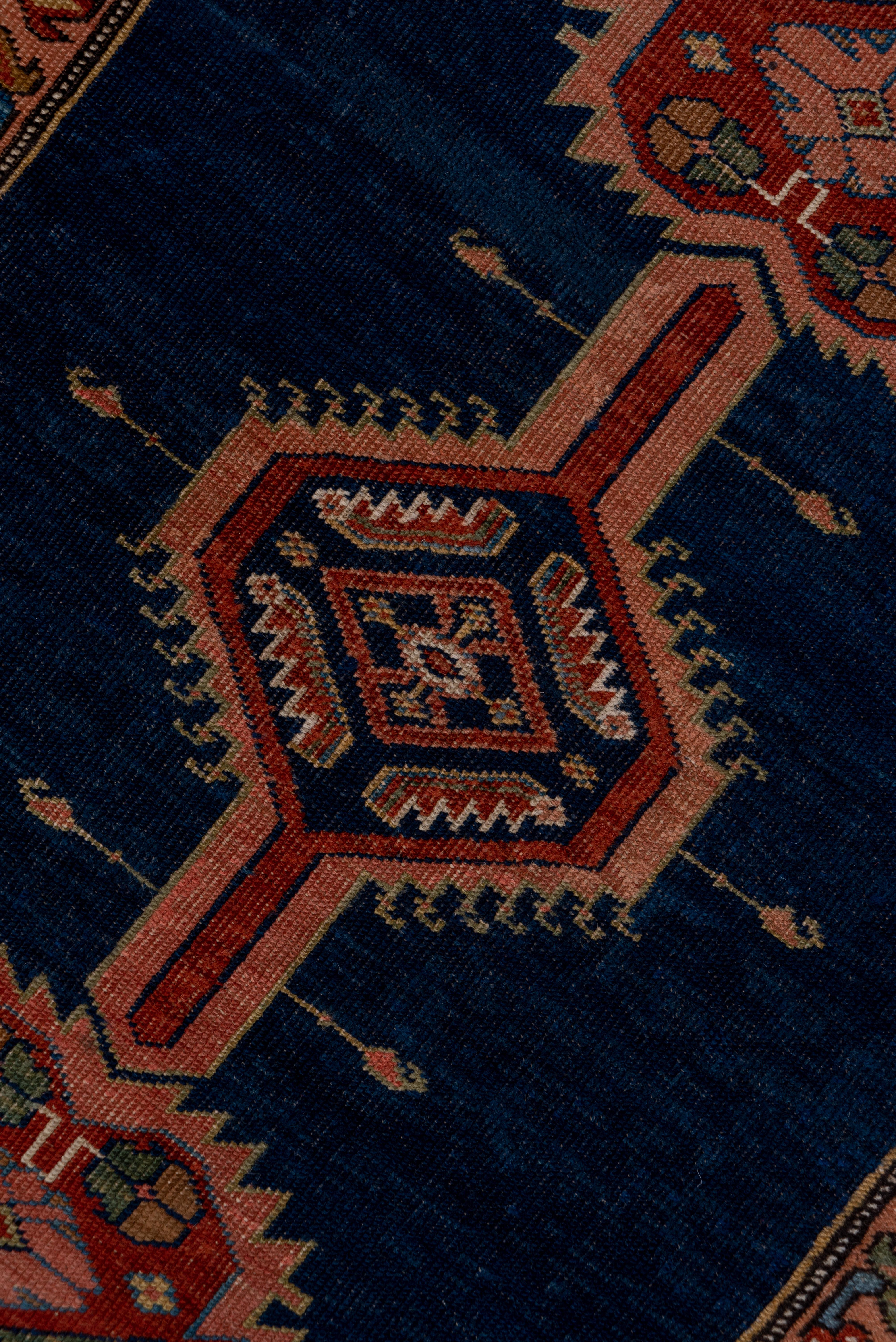 Super Fine Antique Serapi Long Runner, Royal Blue Field, Pink and Gold Border In Good Condition For Sale In New York, NY