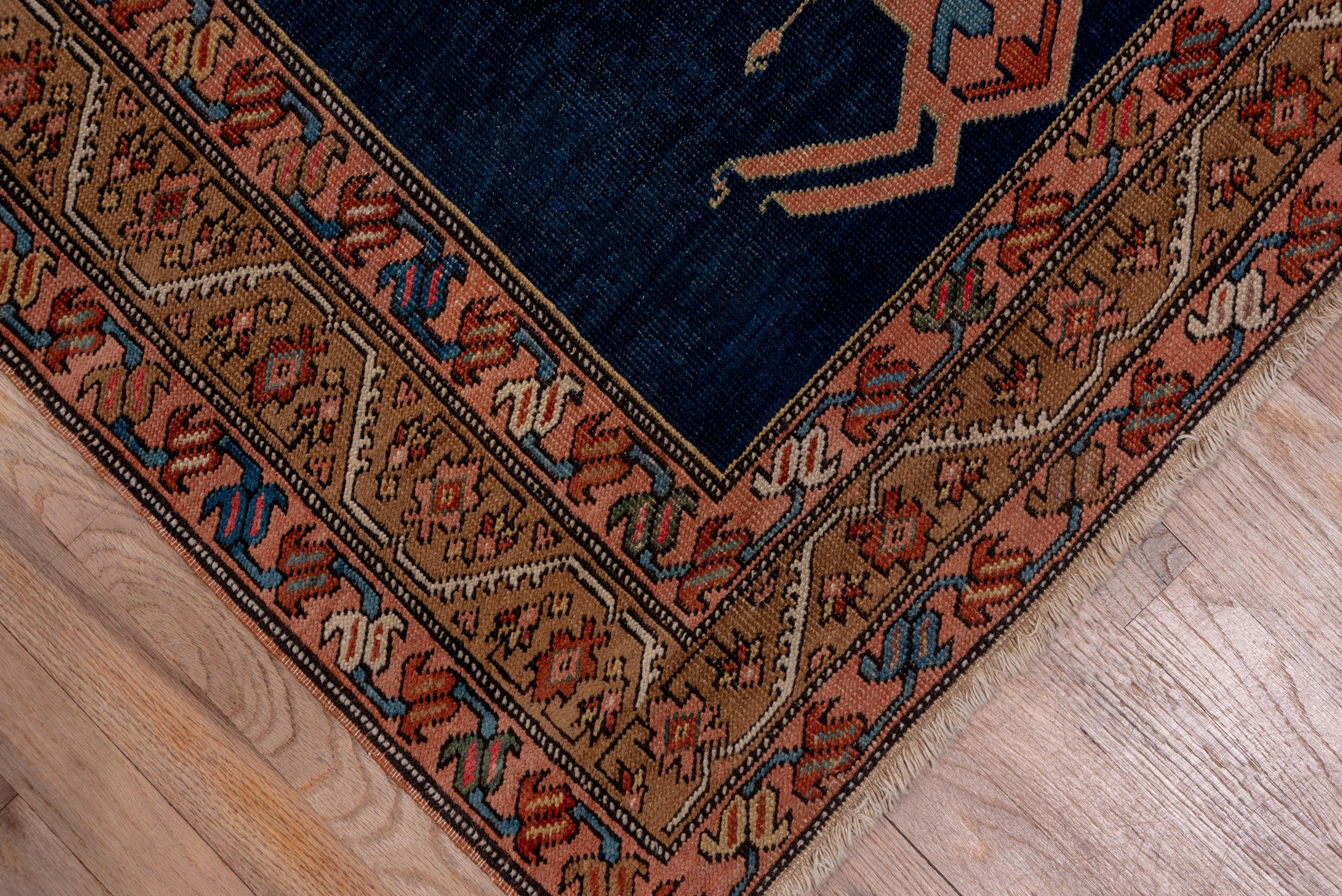 Early 20th Century Super Fine Antique Serapi Long Runner, Royal Blue Field, Pink and Gold Border For Sale