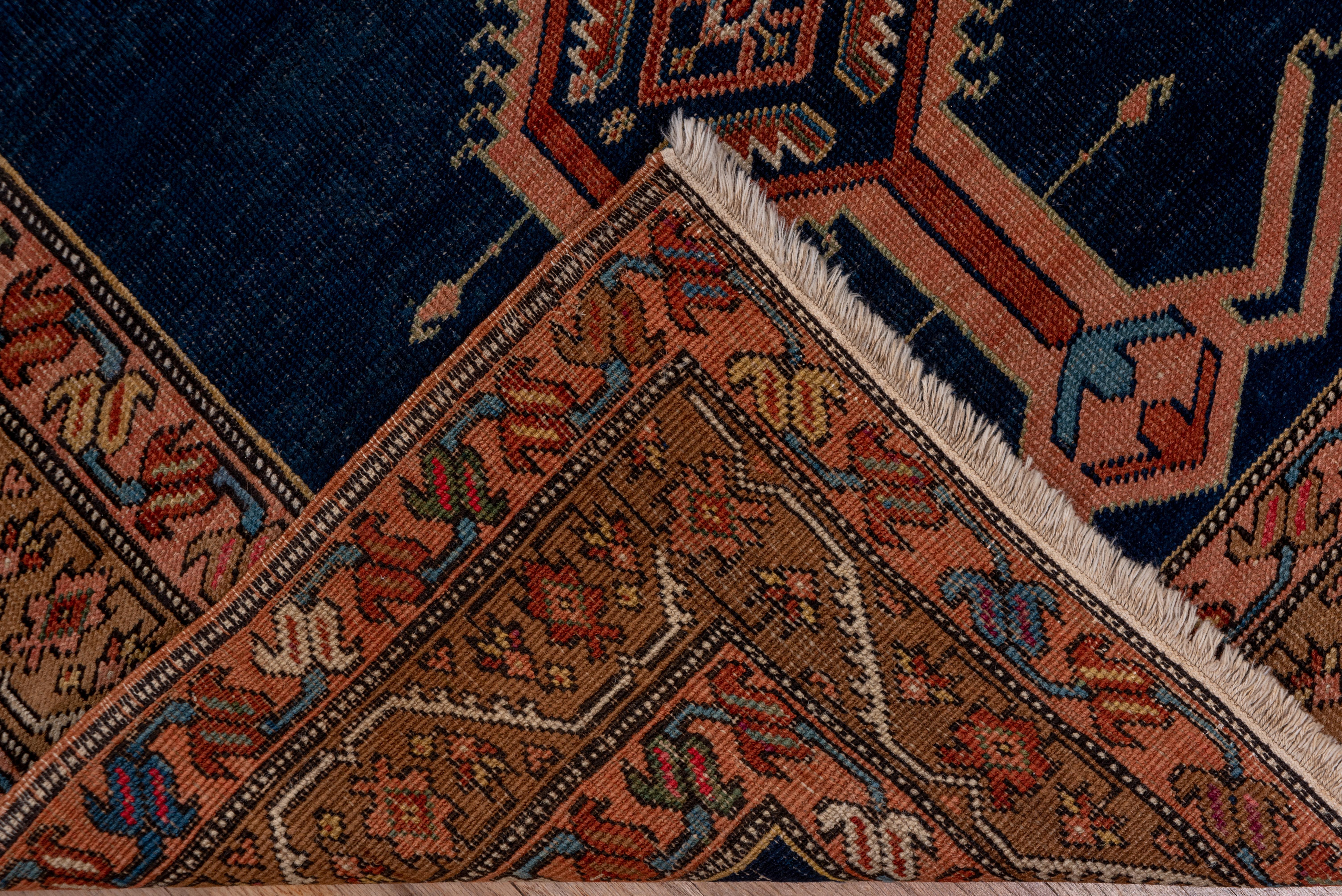Wool Super Fine Antique Serapi Long Runner, Royal Blue Field, Pink and Gold Border For Sale