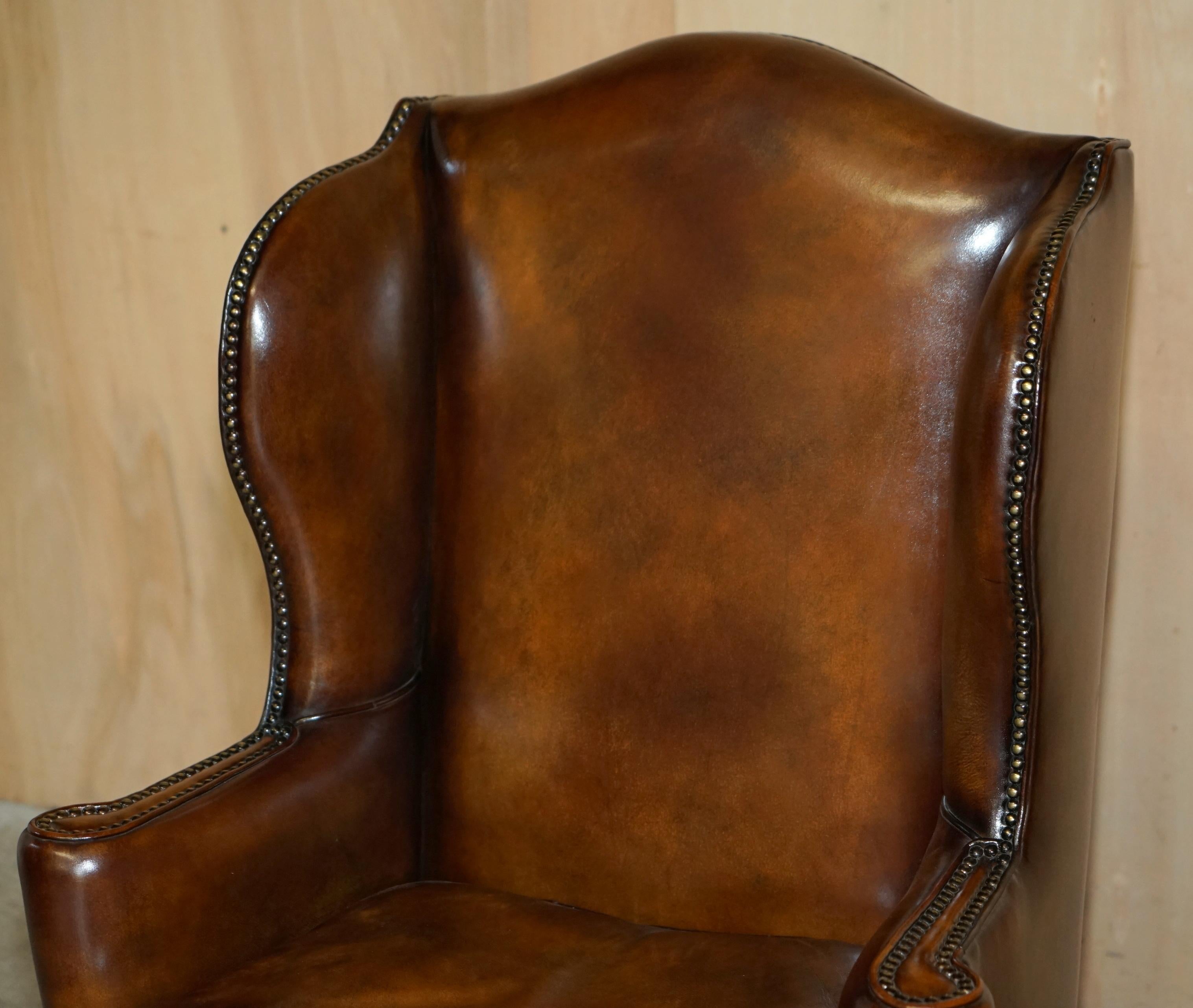 George III SUPER FINE RESTORED GEORGE III PERIOD CIRCA 1820 WiNGBACK BROWN LEATHER ARMCHAIR For Sale