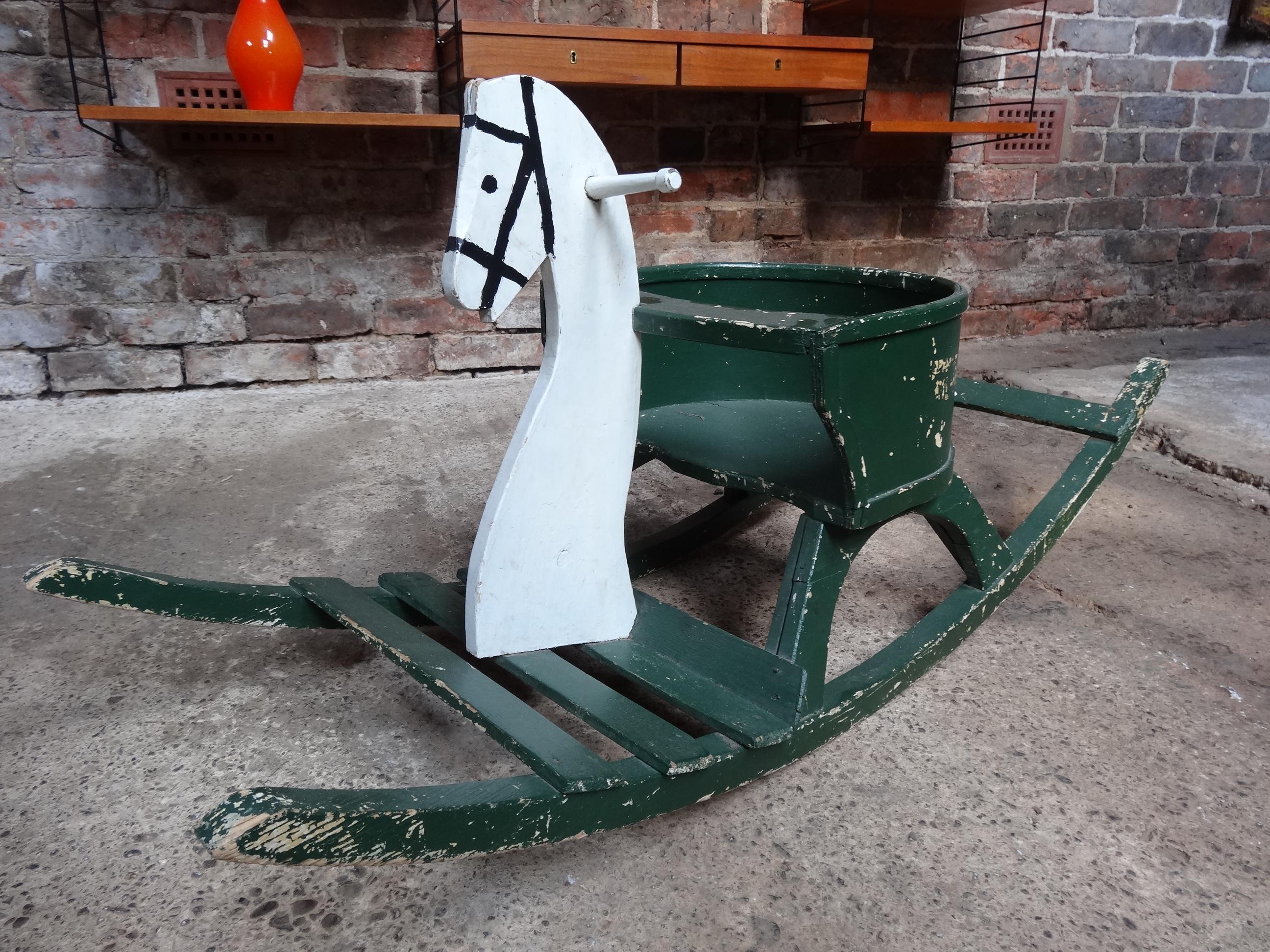 Arts and Crafts Super French Vintage 1920 Antique Painted Rocking Horse For Sale