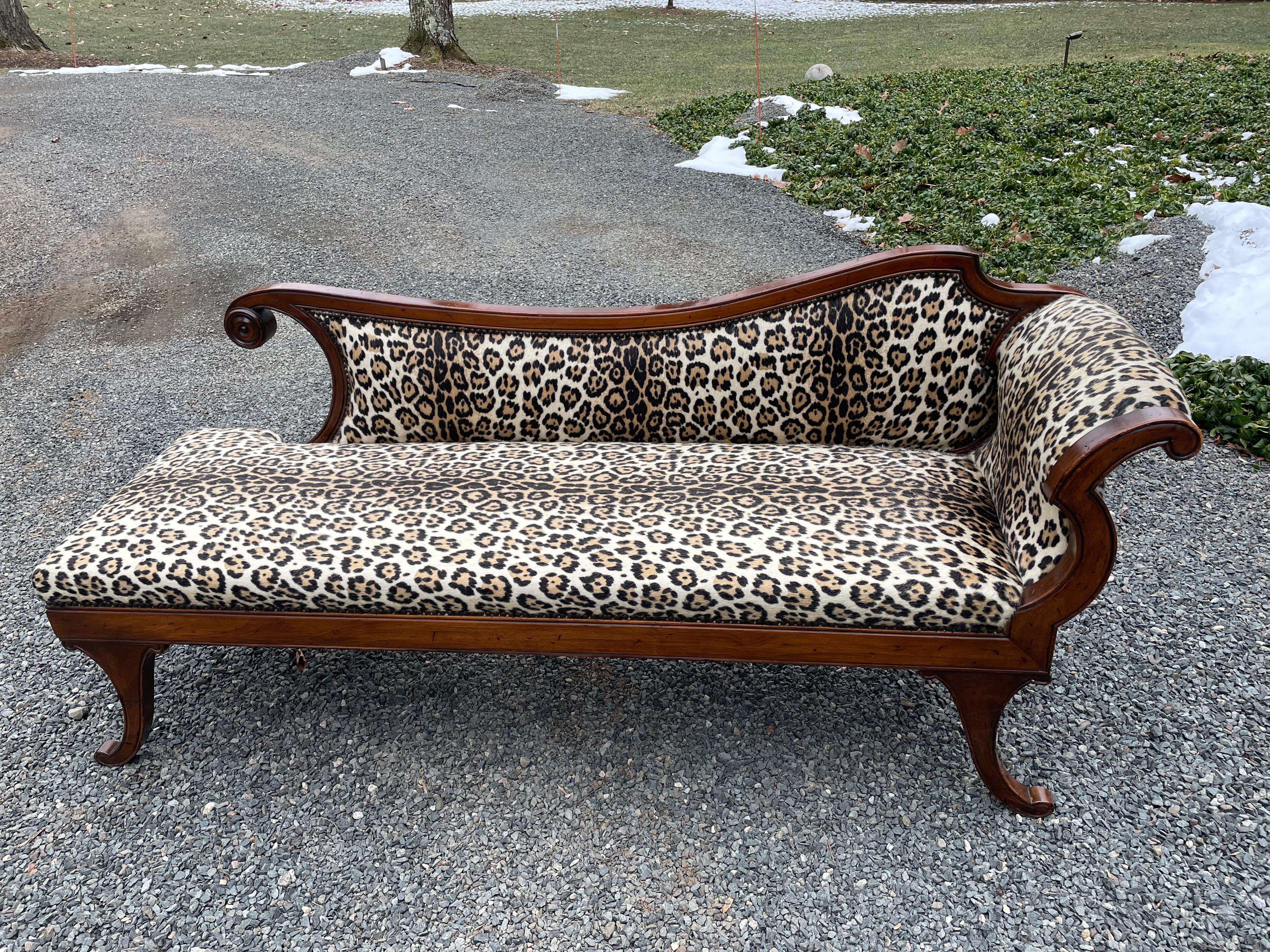 Upholstery Super Glam Regency Style Faux Leopard Upholstered Chaise Lounge