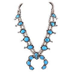 Superbe collier en turquoise Navajo Squash Blossom Native American