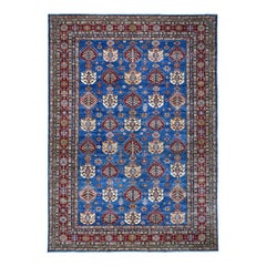Super Kazak Pure Wool Blue Geometric Design Hand Knotted Oriental Rug