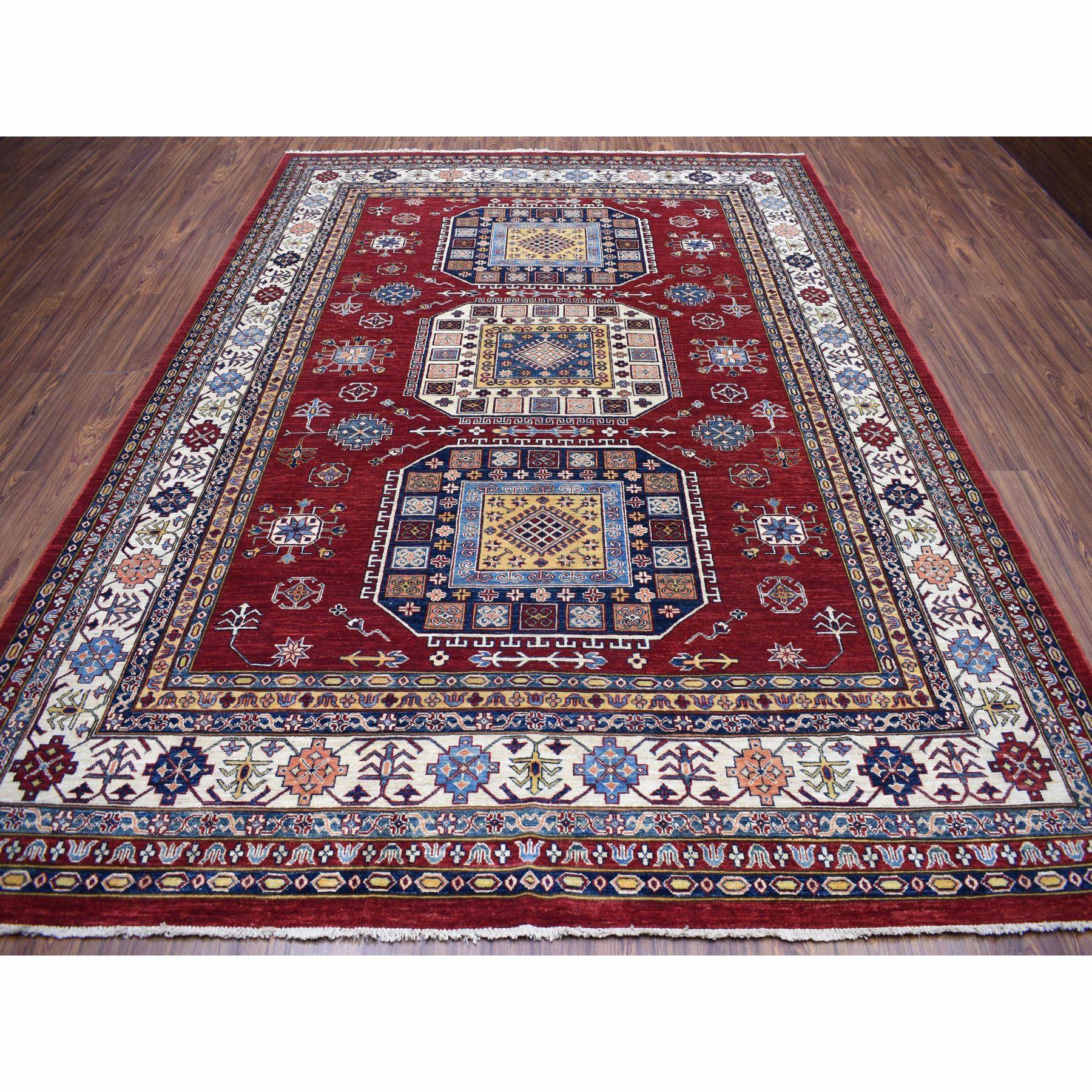 Afghan Super Kazak Pure Wool Red Geometric Design Hand Knotted Oriental Rug