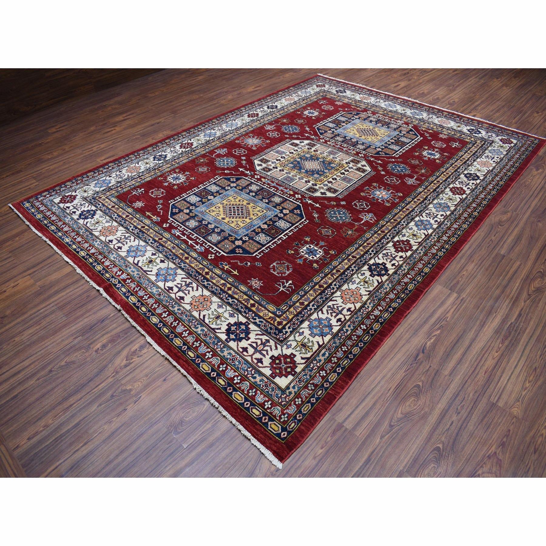 Hand-Knotted Super Kazak Pure Wool Red Geometric Design Hand Knotted Oriental Rug
