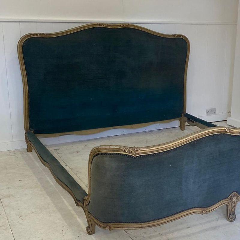 Carved Super King (6') Good Quality Heavy Antique French Upholstered Bed, Very Rare Bed