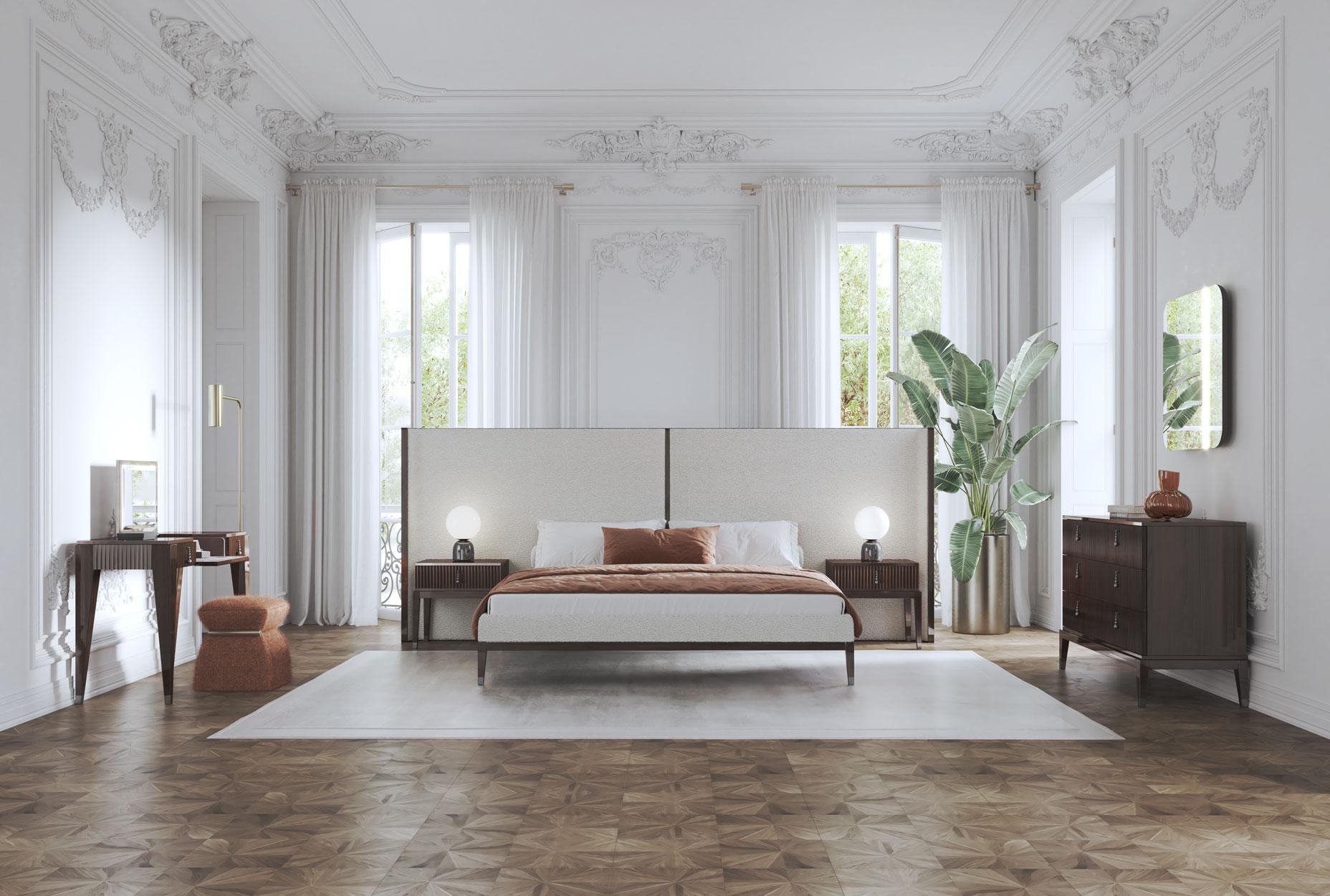 Thyia is an upholstered bed born from the encounter between design and craftsmanship. Headboard in curved poplar plywood, bed frame in oak wook. The headboard and bed frame are upholstered in high-density rubber and covered in ivory fabric. Legs,
