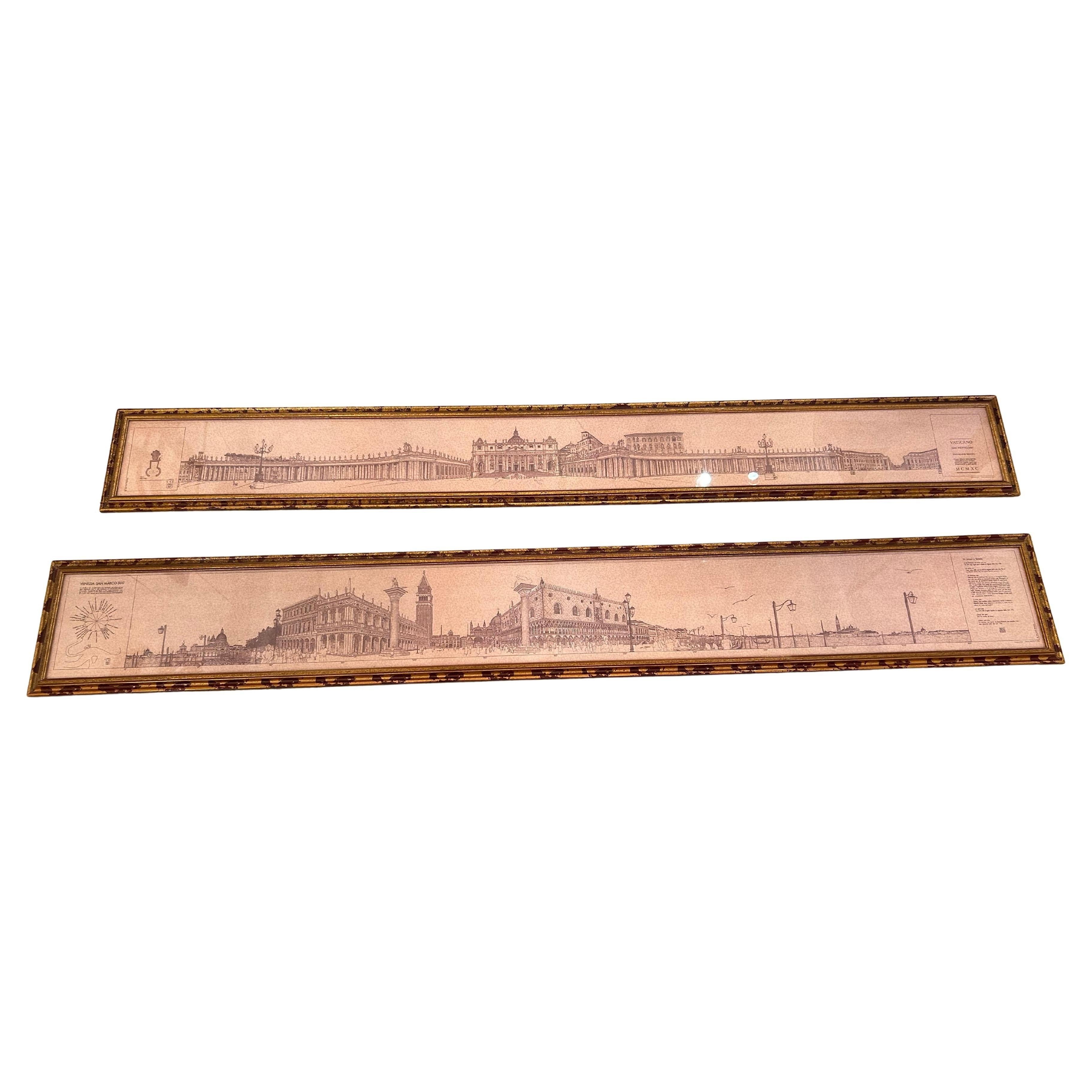 Super long custom framed pair of architectural renderings that capture a panoramic view of The Vatican 79 W x 10.5 H and 
Venice 83 W x 12.25 H
Reproduced from  original serigraphs on hand laid Carta Ingres paper.  Frames are gold leaf with a base
