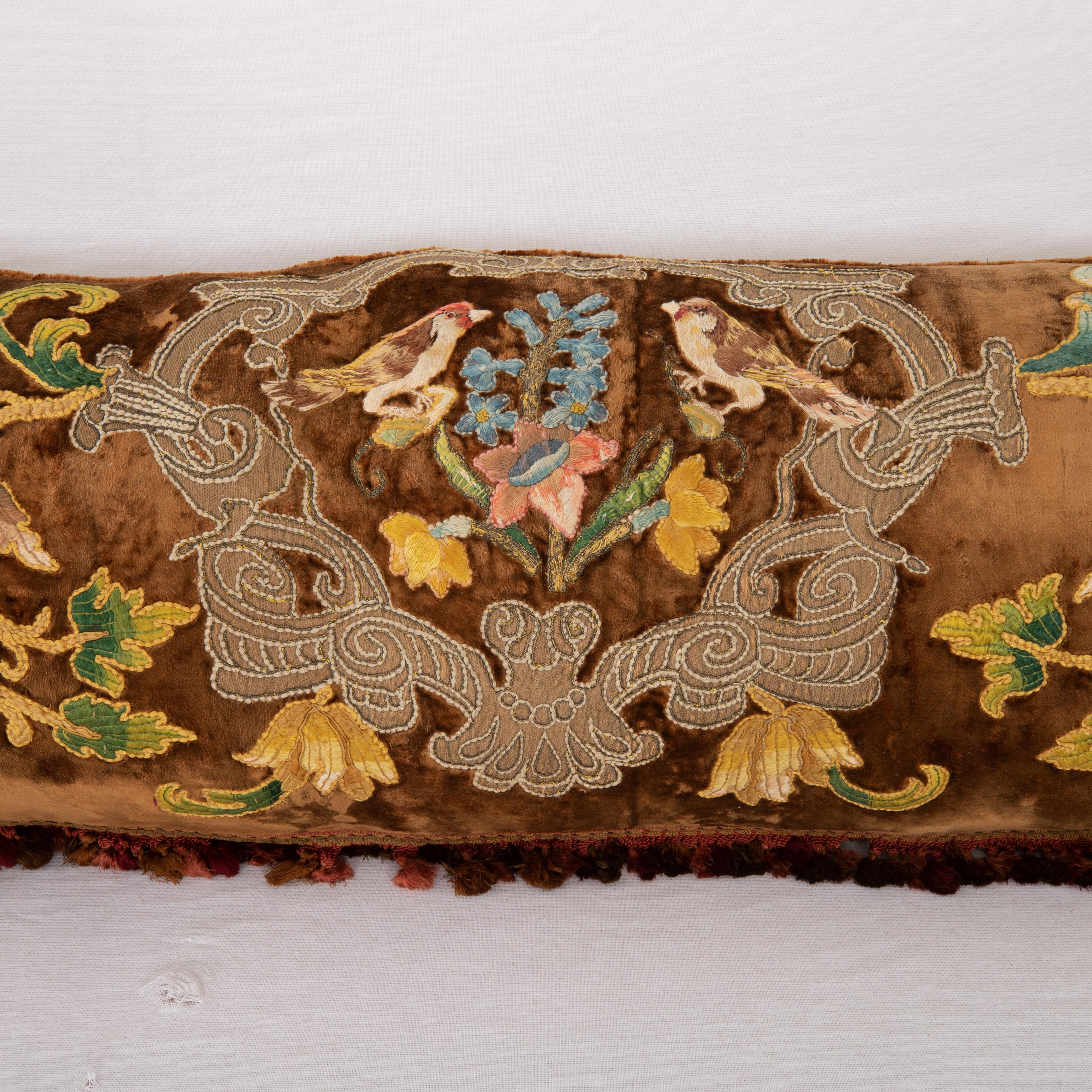 Super Long Body Pillow Cover made from an antique embroidery on silk Velvet For Sale 2
