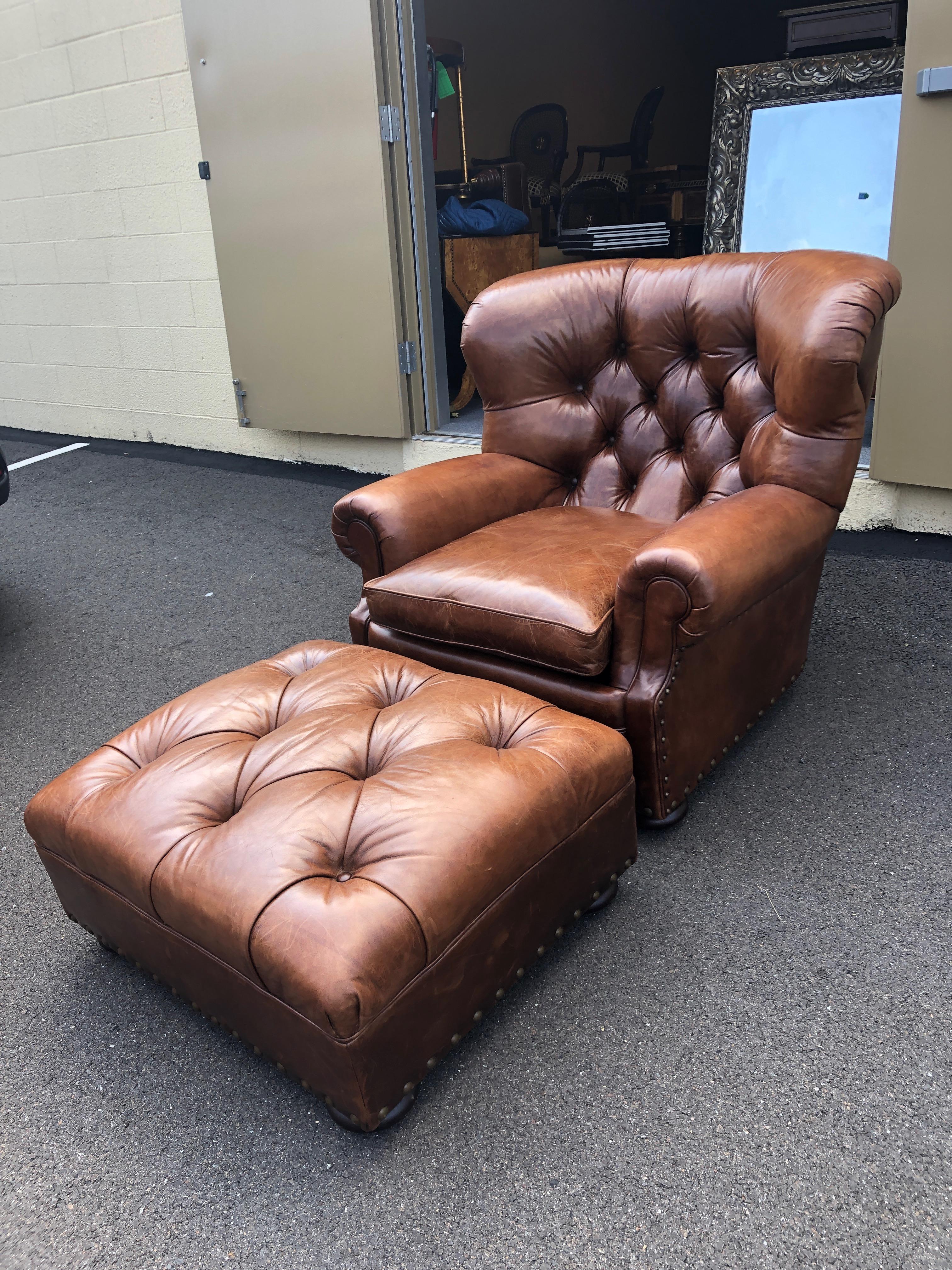 Classic and handsome tufted leather Writer's club chair and matching ottoman having mahogany bun feet and nailhead trim. Super comfy and inviting.
Measures: Chair 41 W x 41 D x 36 H
Arm height 22
Arm width 8
Between arms 21
Sitting depth