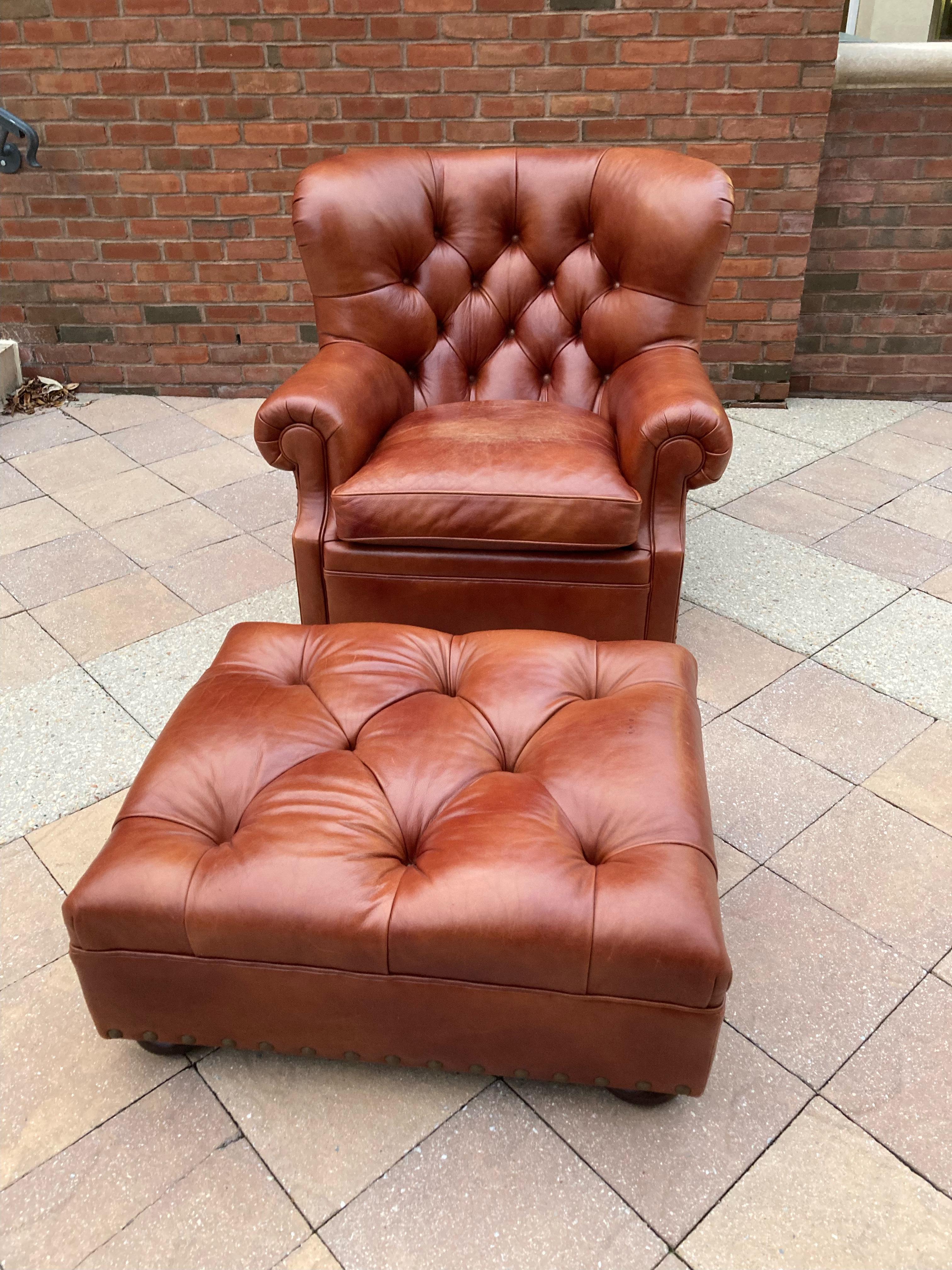 American Super Luxe Ralph Lauren Tufted Leather Writer's Club Chair & Ottoman
