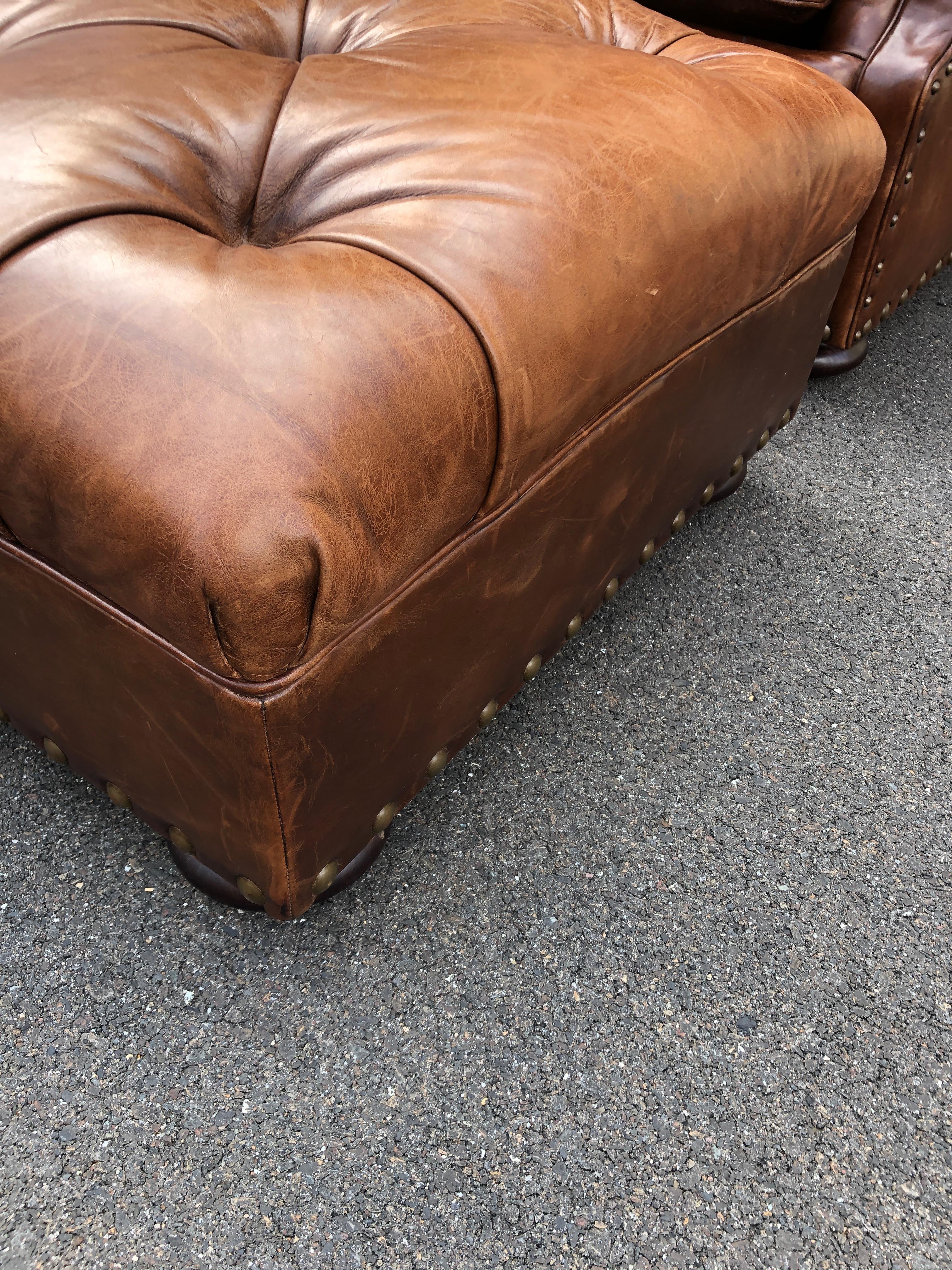 Super Luxe Ralph Lauren Tufted Leather Writer's Club Chair & Ottoman In Distressed Condition In Hopewell, NJ