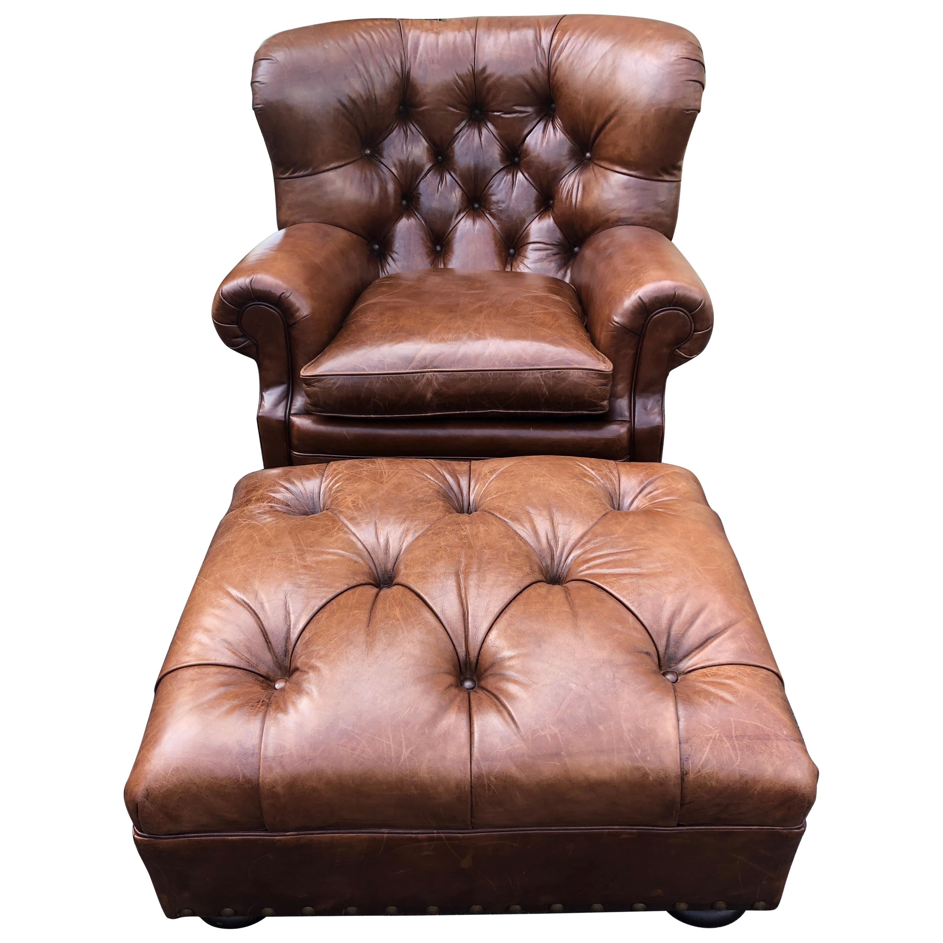 Super Luxe Ralph Lauren Tufted Leather, Rustic Leather Chair And Ottoman