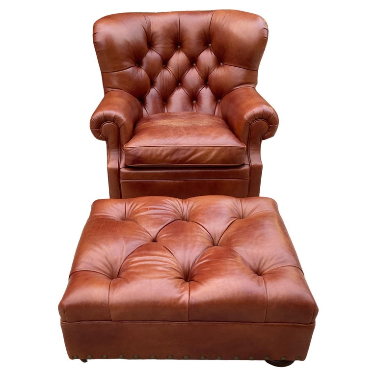 Super Luxe Ralph Lauren Tufted Leather, Brown Leather Club Chair With Ottoman