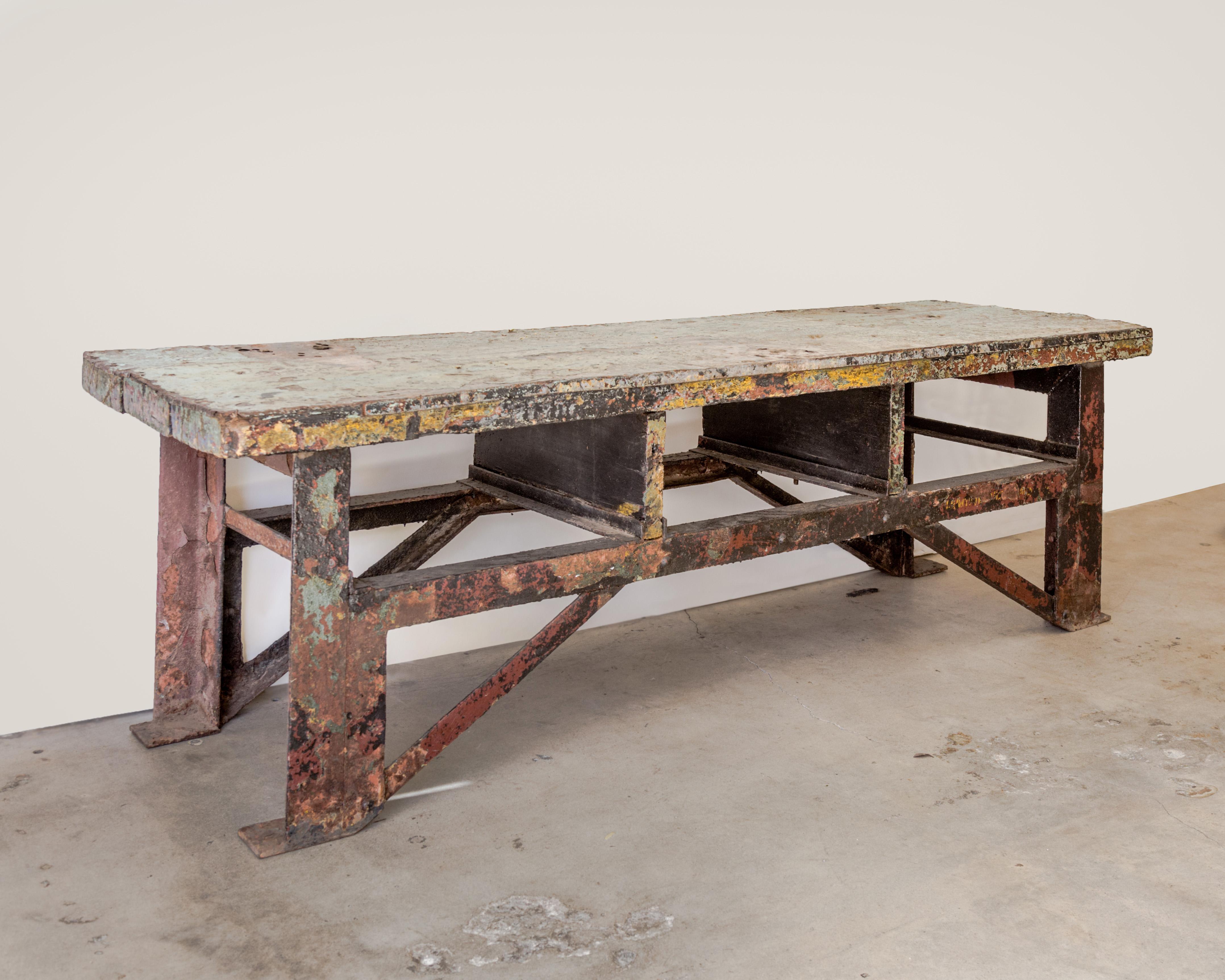 American Super Metal Clad Wood + Steel Industrial Table For Sale