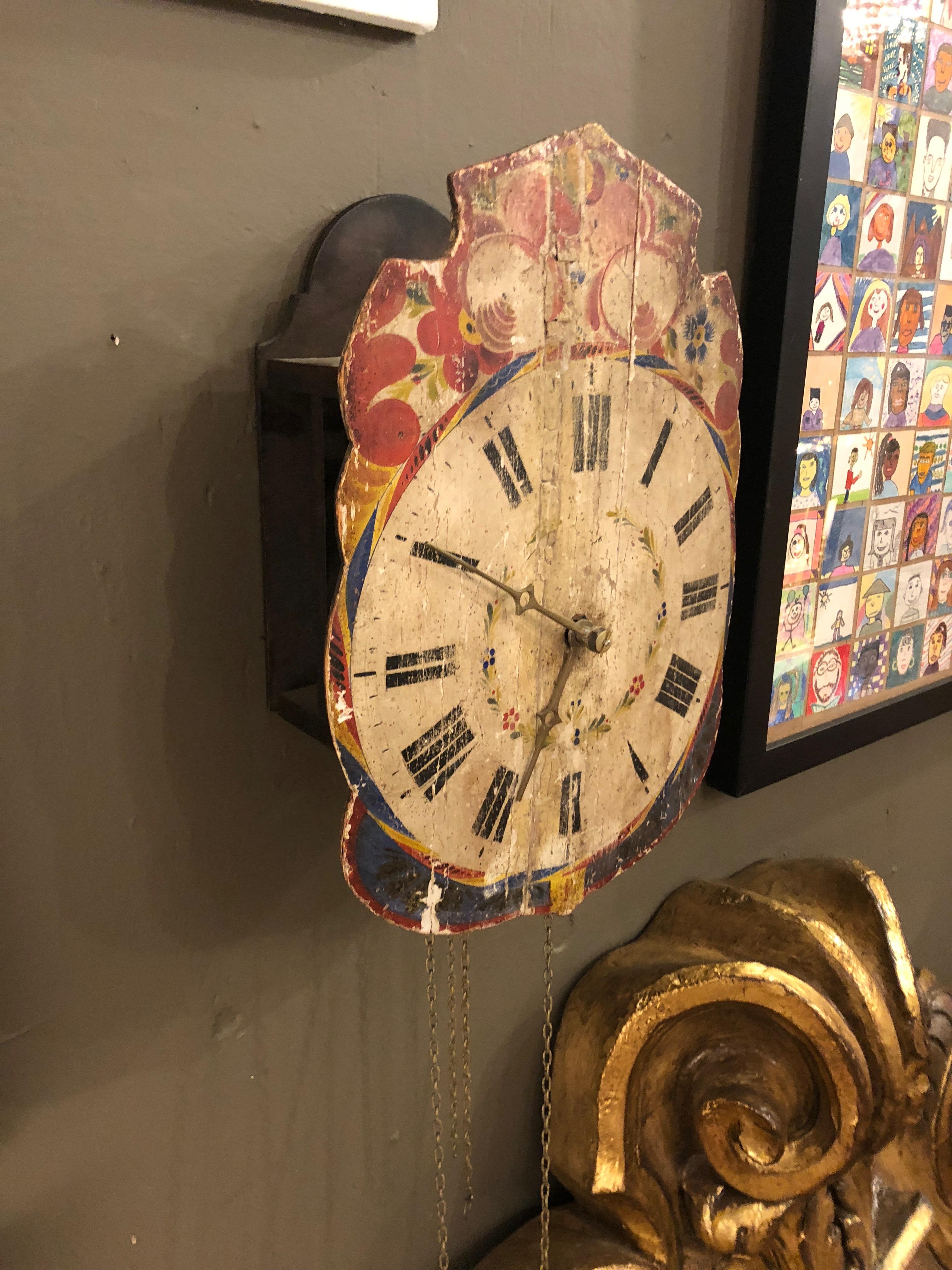 Super Old Folksy Painted Wooden Clock In Distressed Condition In Hopewell, NJ
