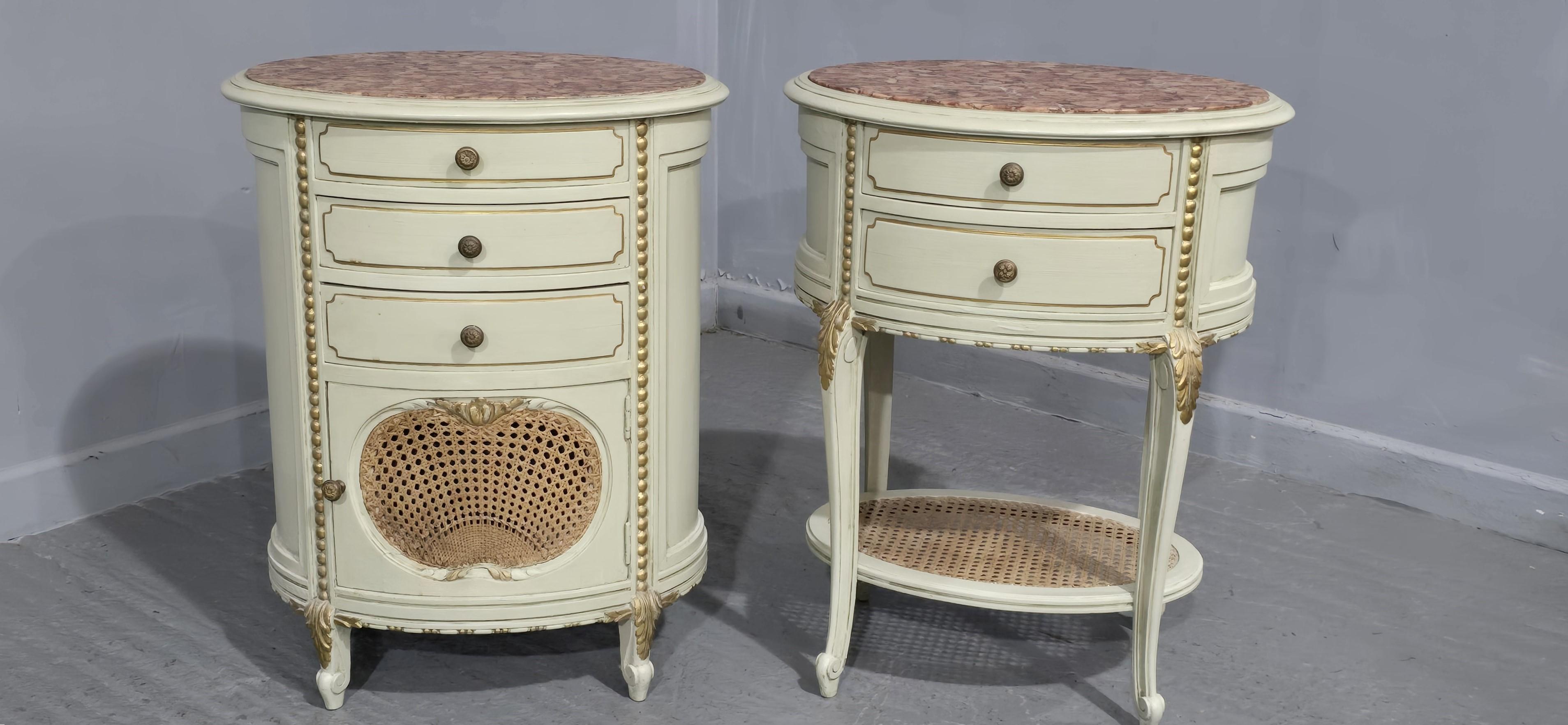 A very good pair of French oval painted bedside chests, with bergere panels, lovely rouge marble tops, in overall very good condition.

28