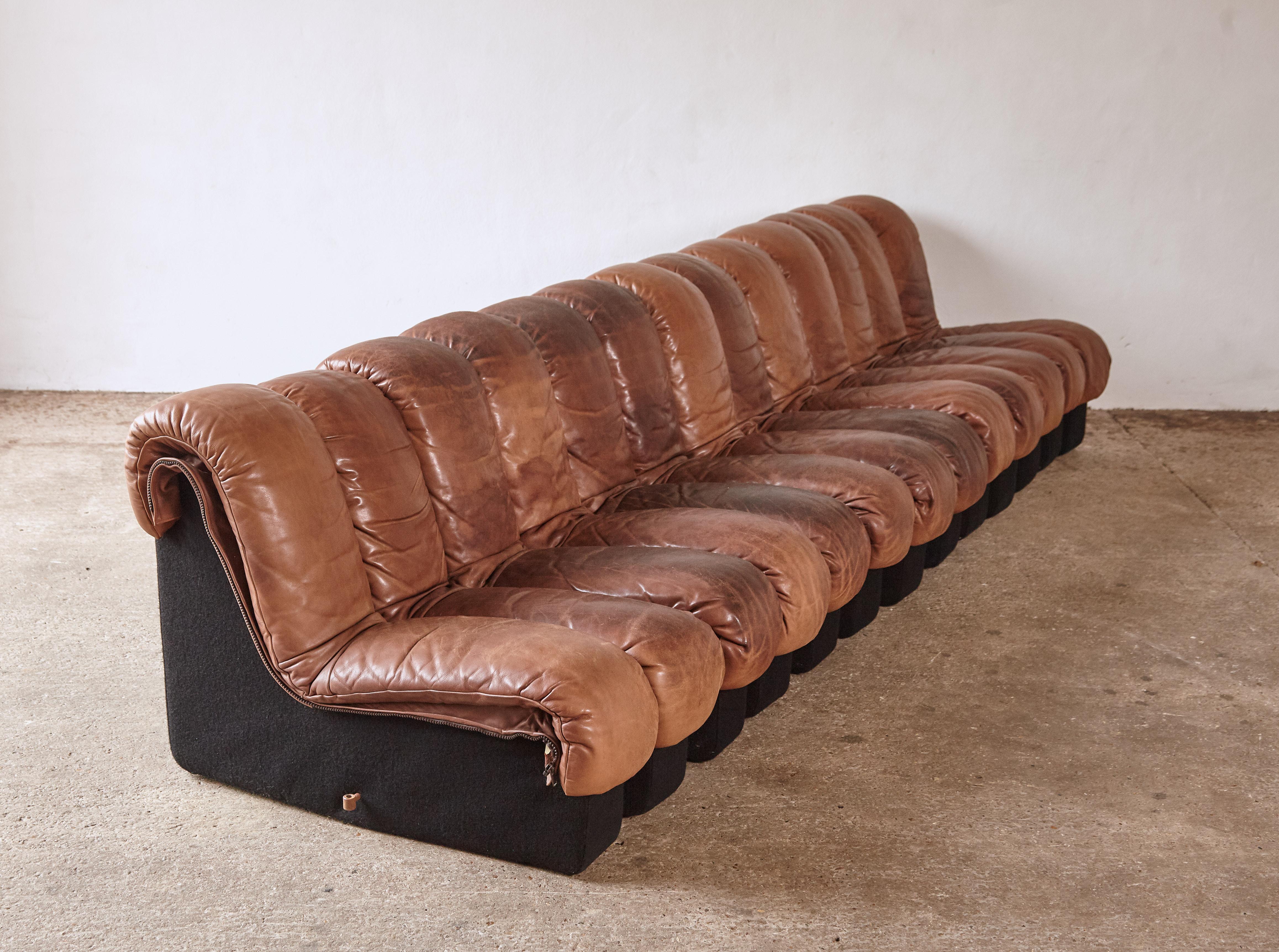 Super Patinated De Sede DS-600 Modular Sectional Leather Non Stop Sofa, 1970s 4