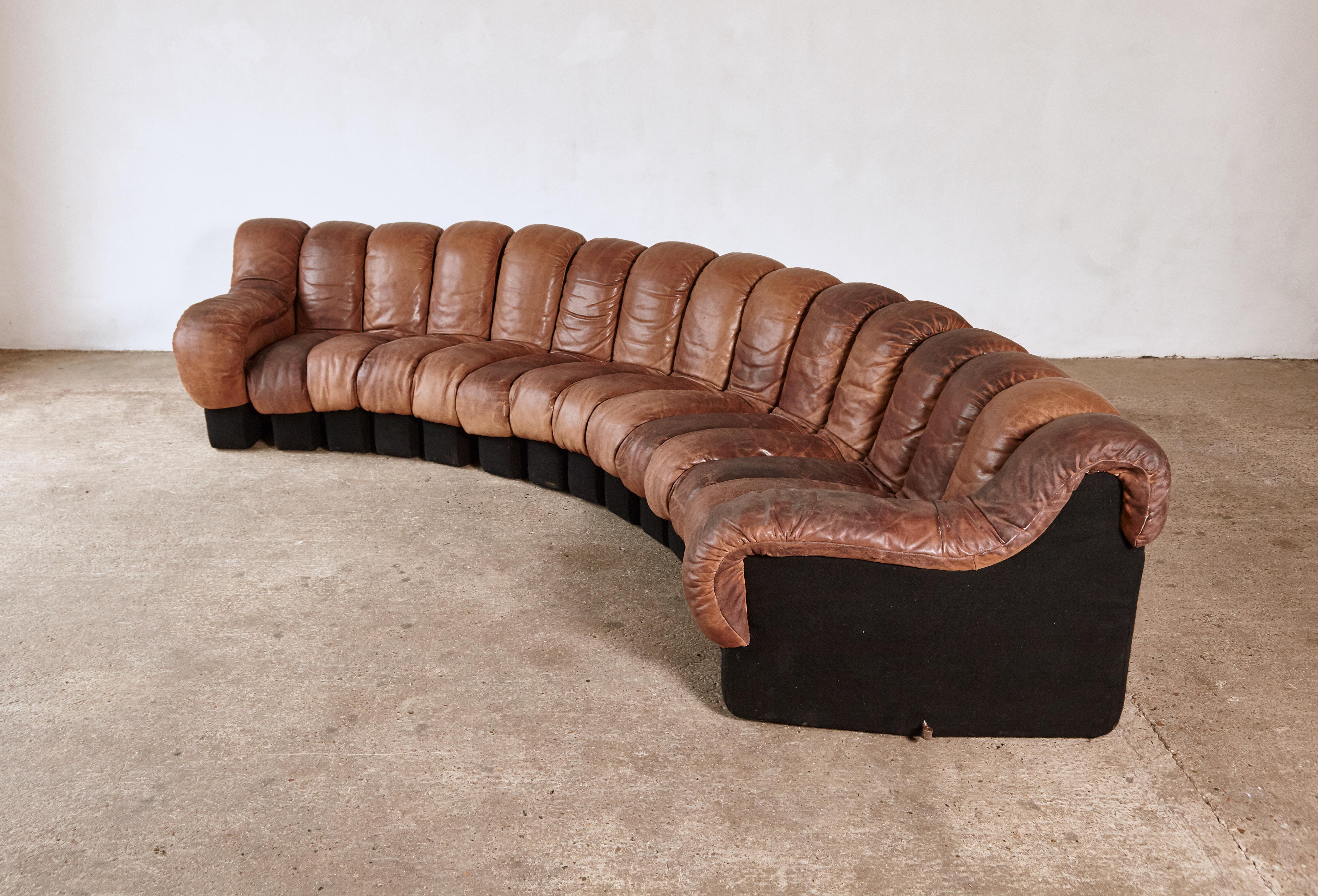 Mid-Century Modern Super Patinated De Sede Ds-600 Modular Sectional Leather Non Stop Sofa, 1970s