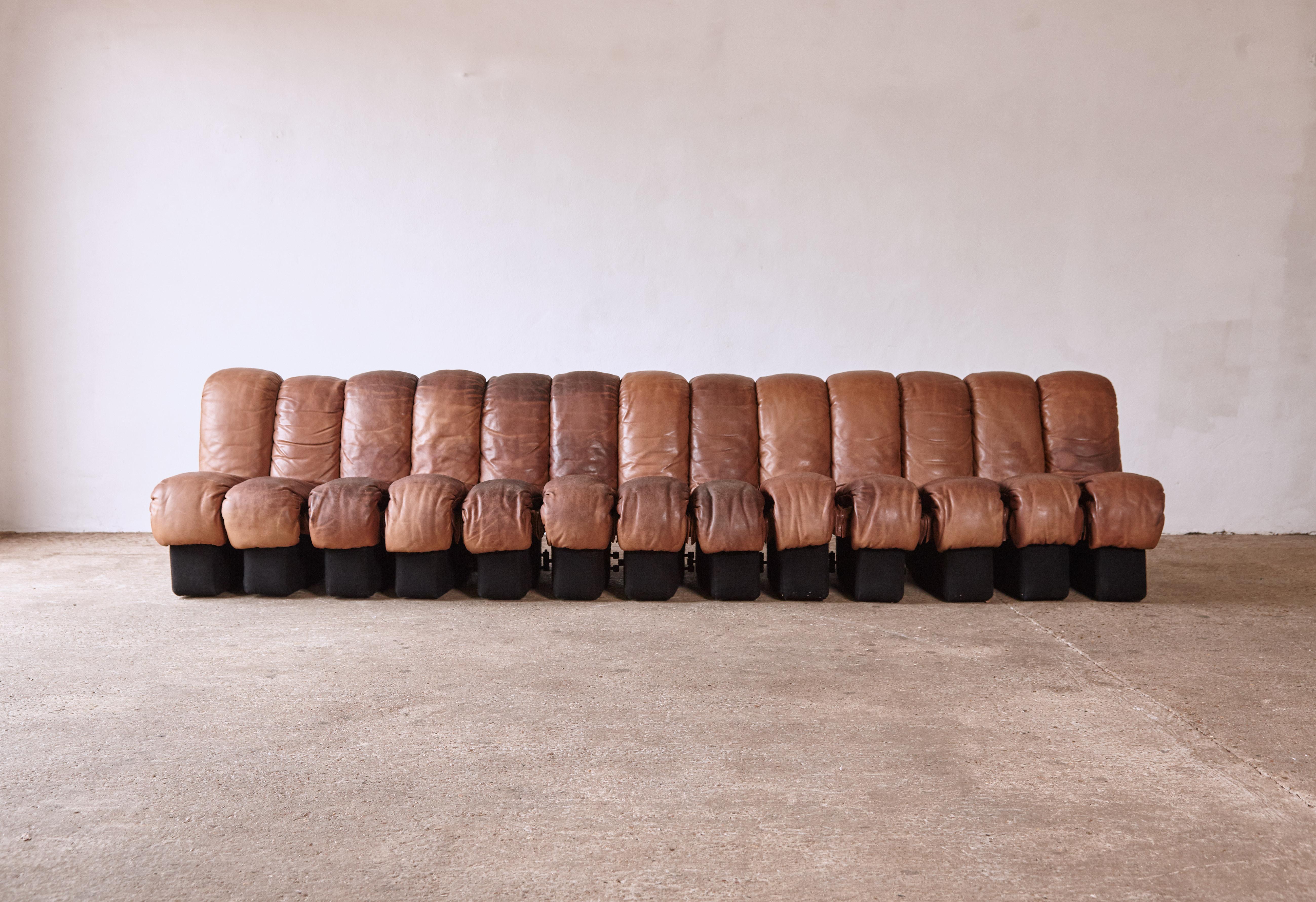 Mid-Century Modern Super Patinated De Sede DS-600 Modular Sectional Leather Non Stop Sofa, 1970s