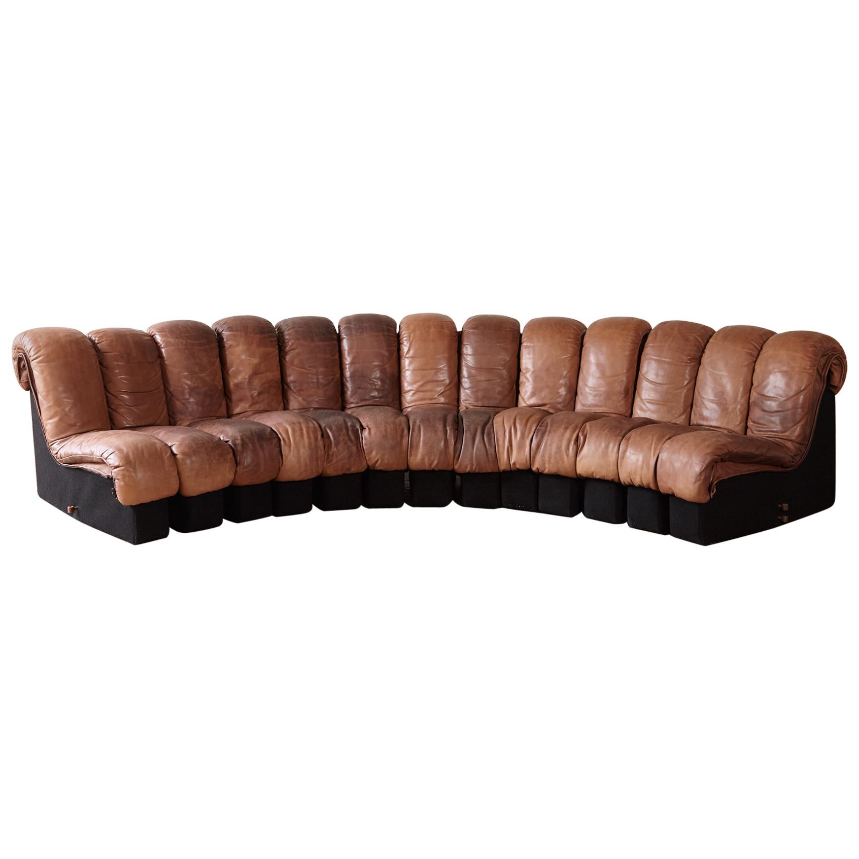 Super Patinated De Sede DS-600 Modular Sectional Leather Non Stop Sofa, 1970s