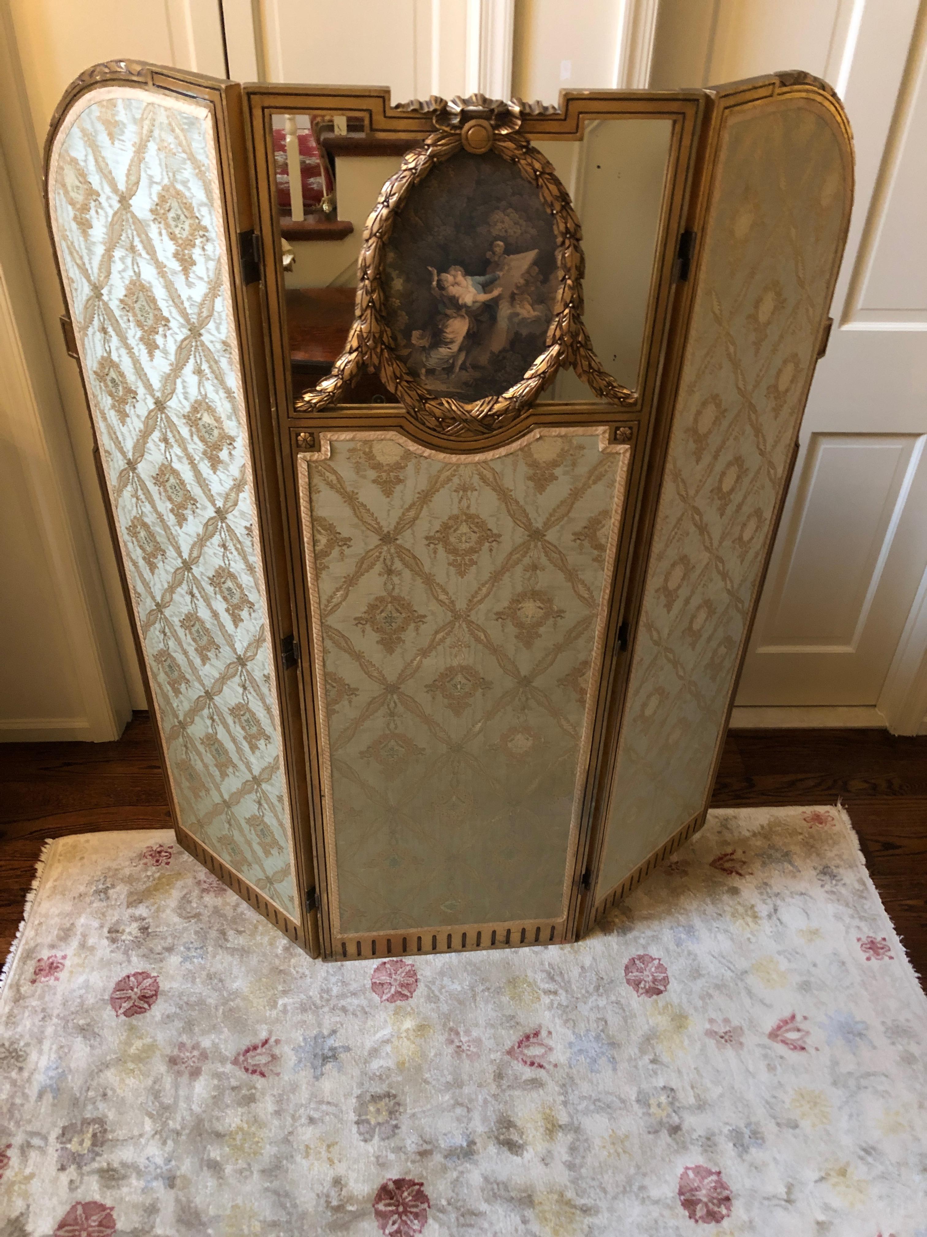 Louis XVI Super Pretty French Giltwood Mirrored and Silk Brocade 3-Panel Folding Screen For Sale