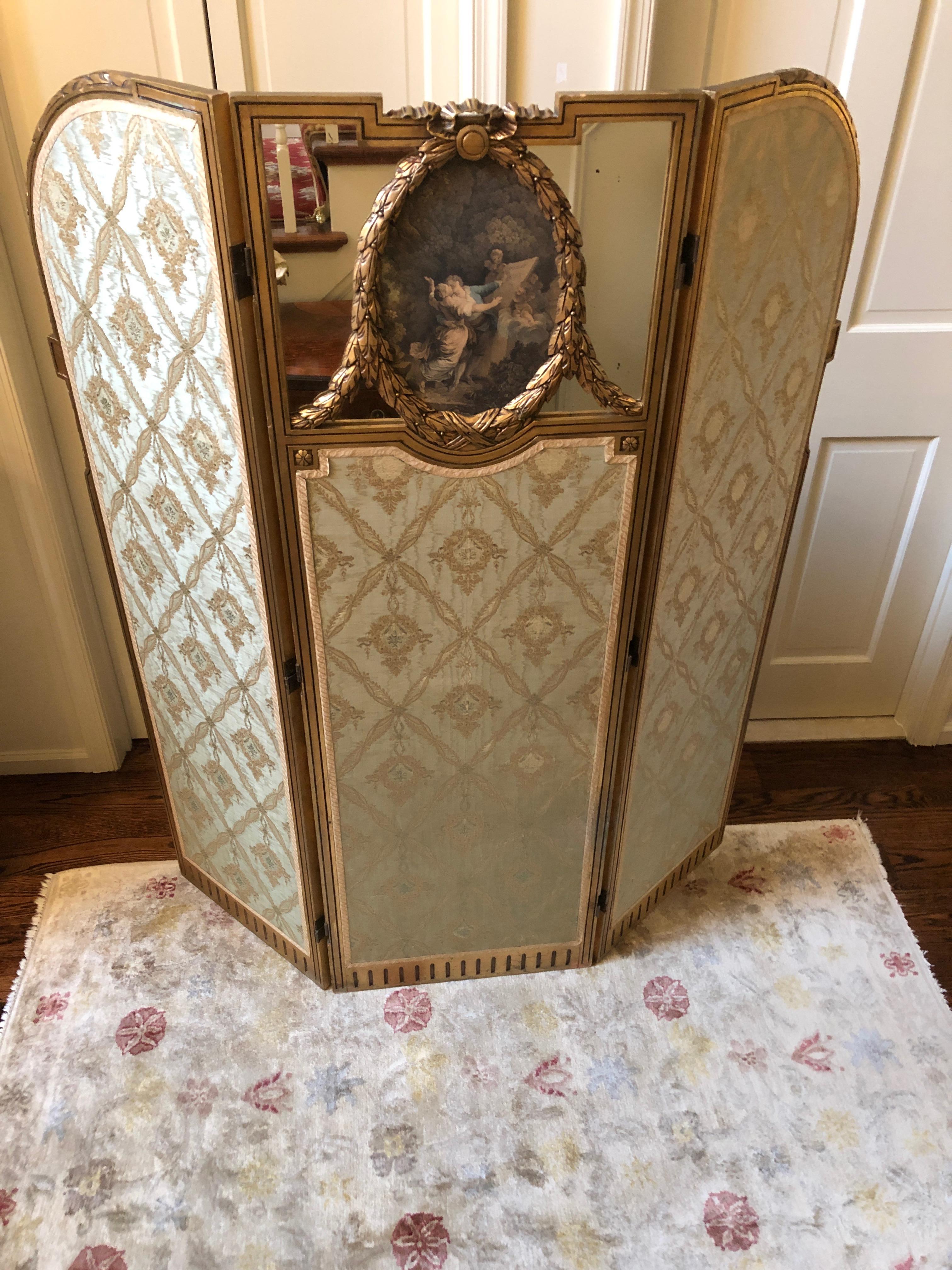 Super Pretty French Giltwood Mirrored and Silk Brocade 3-Panel Folding Screen In Good Condition For Sale In Hopewell, NJ